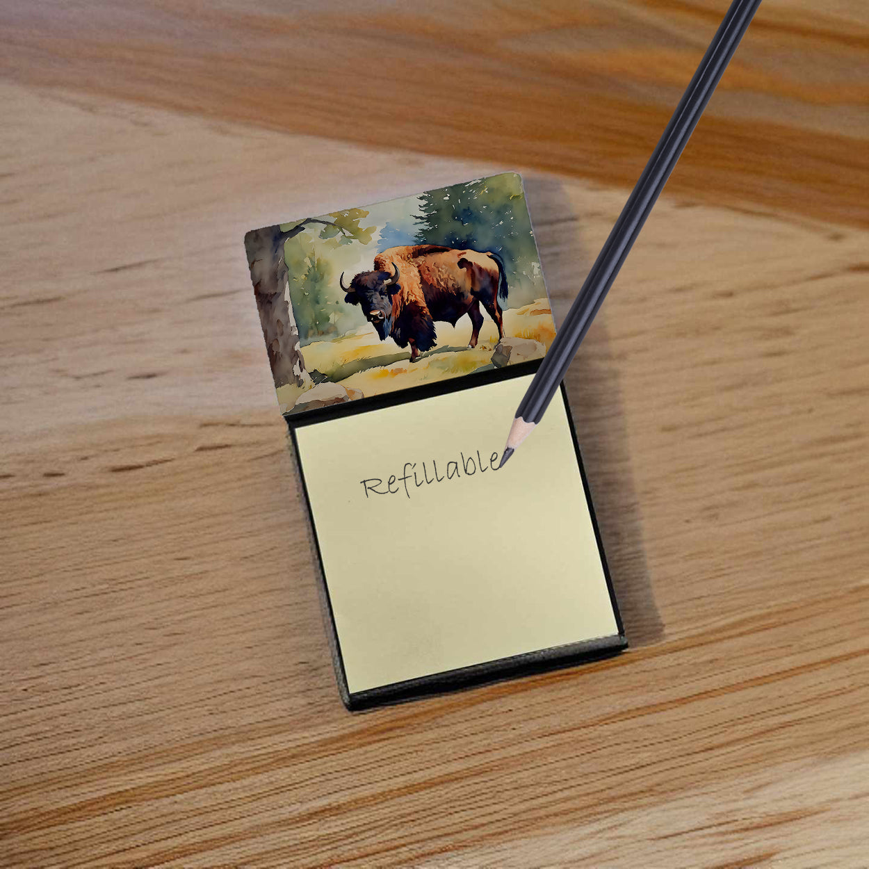 American Bison Watercolor Sticky Note Holder Refillable Dispenser Desk Accessory 3x3 Pad Gift