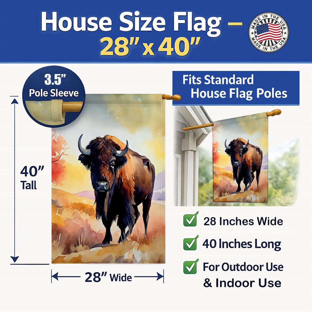 American Bison House Flag 28x40 Porch Sleeve Pole Decorative Outside Yard Banner Artwork Wall Hanging, Polyester