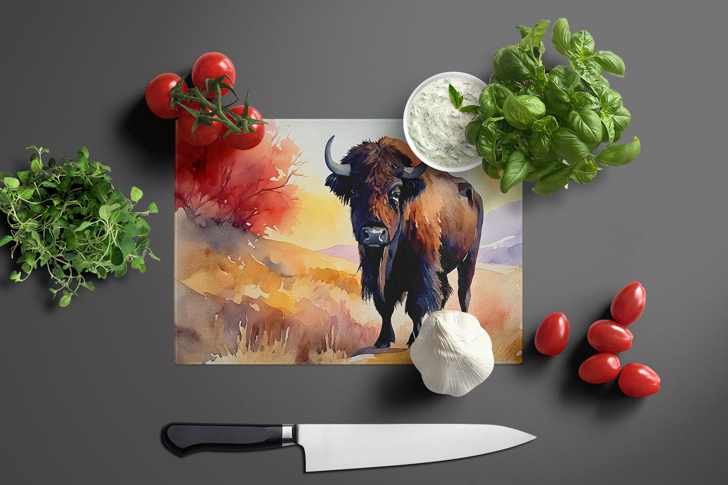 American Bison Cutting Board Tempered Glass Kitchen Cutting Surface, Heat Resistant Chopping, Non-Slip Feet, Food Prep & Serving
