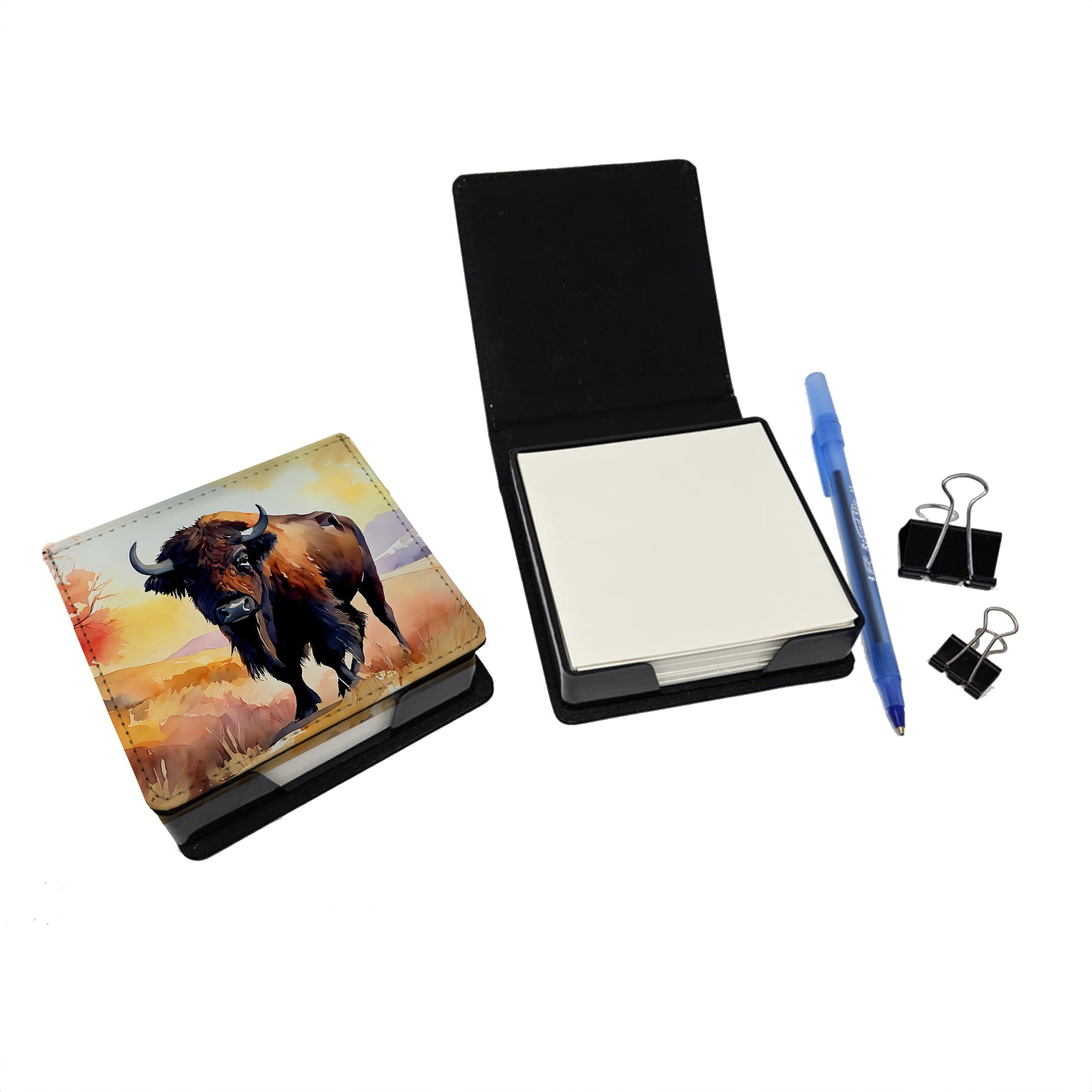 American Bison PU Leather Note Paper Holder with Artist-Designed Cover, Desk Accessory, Office Gift