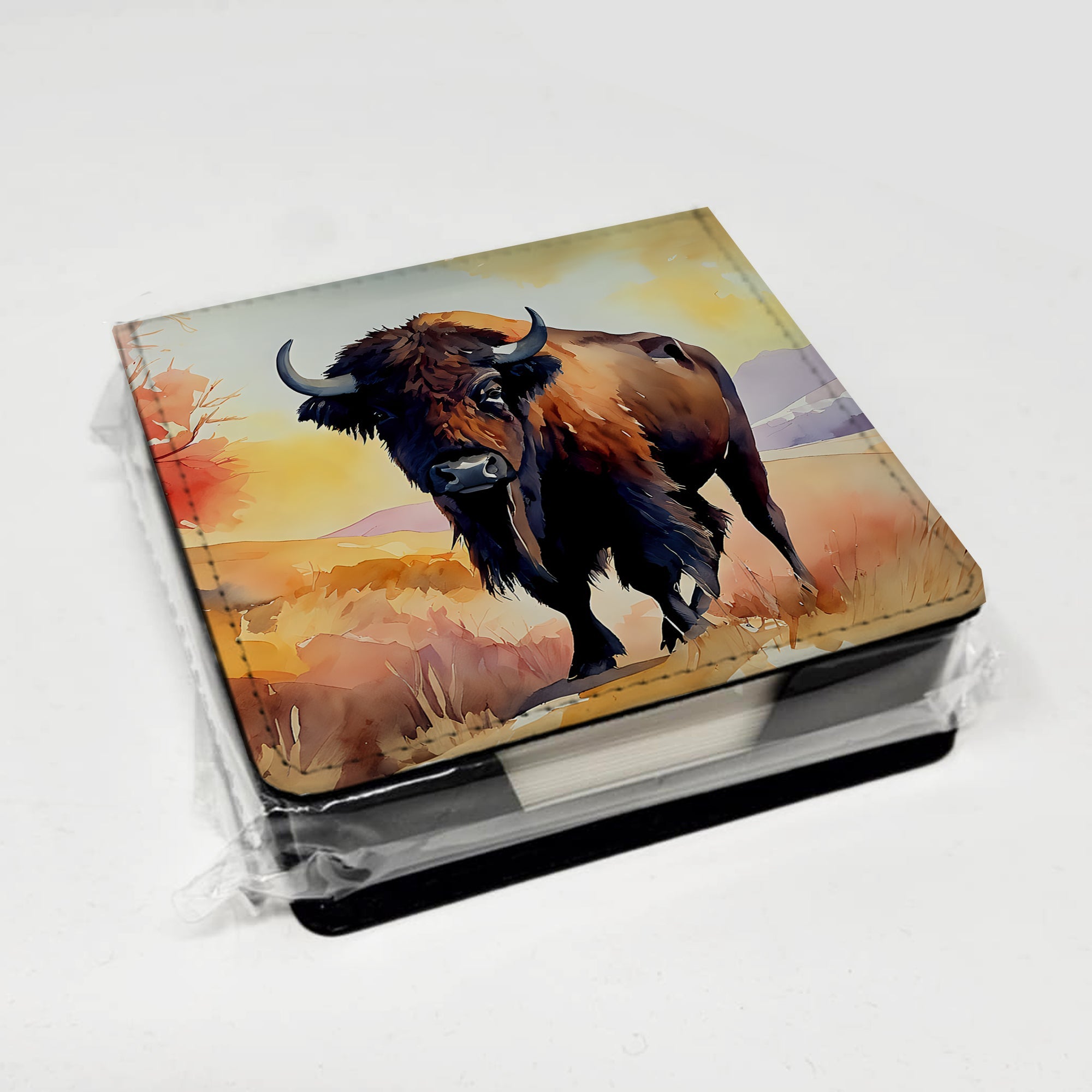 American Bison PU Leather Note Paper Holder with Artist-Designed Cover, Desk Accessory, Office Gift