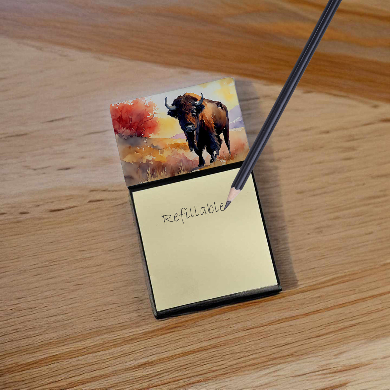 American Bison Watercolor Sticky Note Holder Refillable Dispenser Desk Accessory 3x3 Pad Gift