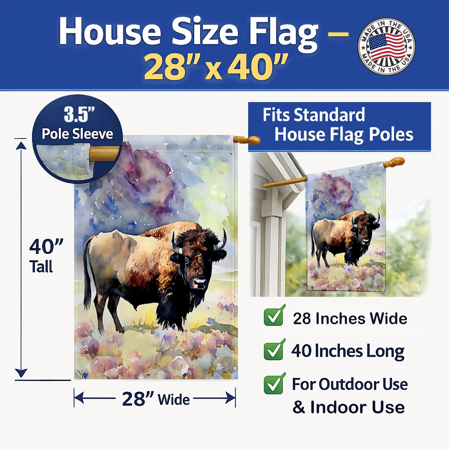 American Bison House Flag 28x40 Porch Sleeve Pole Decorative Outside Yard Banner Artwork Wall Hanging, Polyester