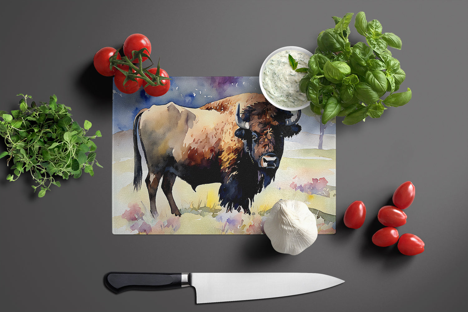 American Bison Cutting Board Tempered Glass Kitchen Cutting Surface, Heat Resistant Chopping, Non-Slip Feet, Food Prep & Serving