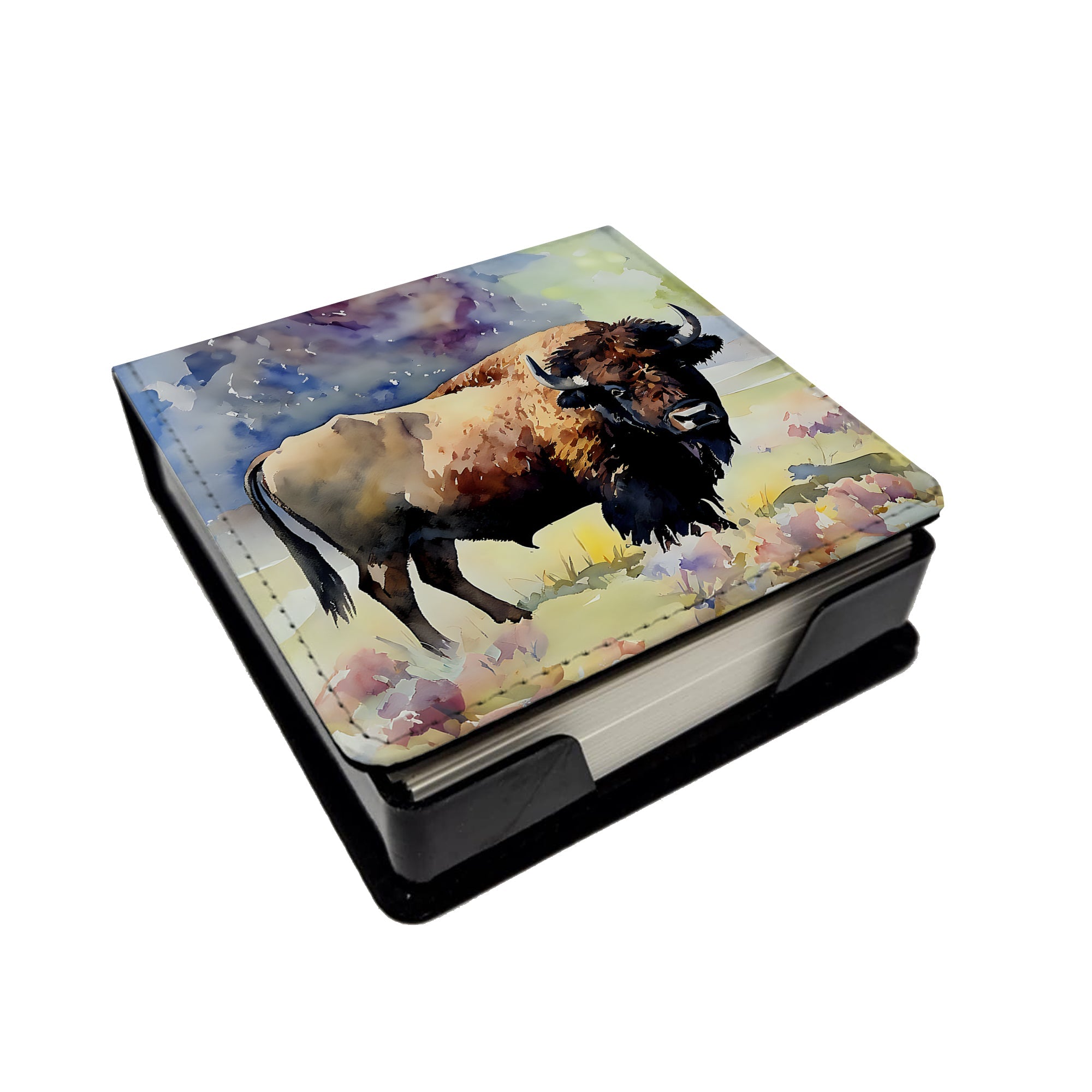 American Bison PU Leather Note Paper Holder with Artist-Designed Cover, Desk Accessory, Office Gift