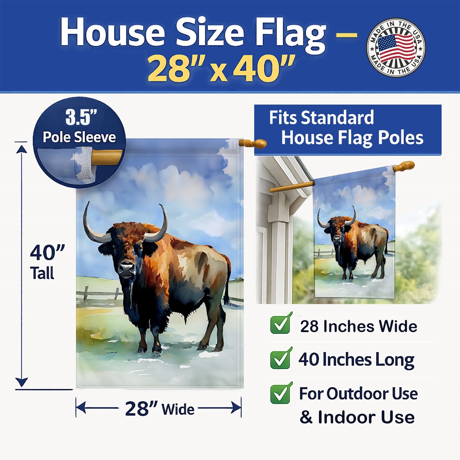 American Bison House Flag 28x40 Porch Sleeve Pole Decorative Outside Yard Banner Artwork Wall Hanging, Polyester