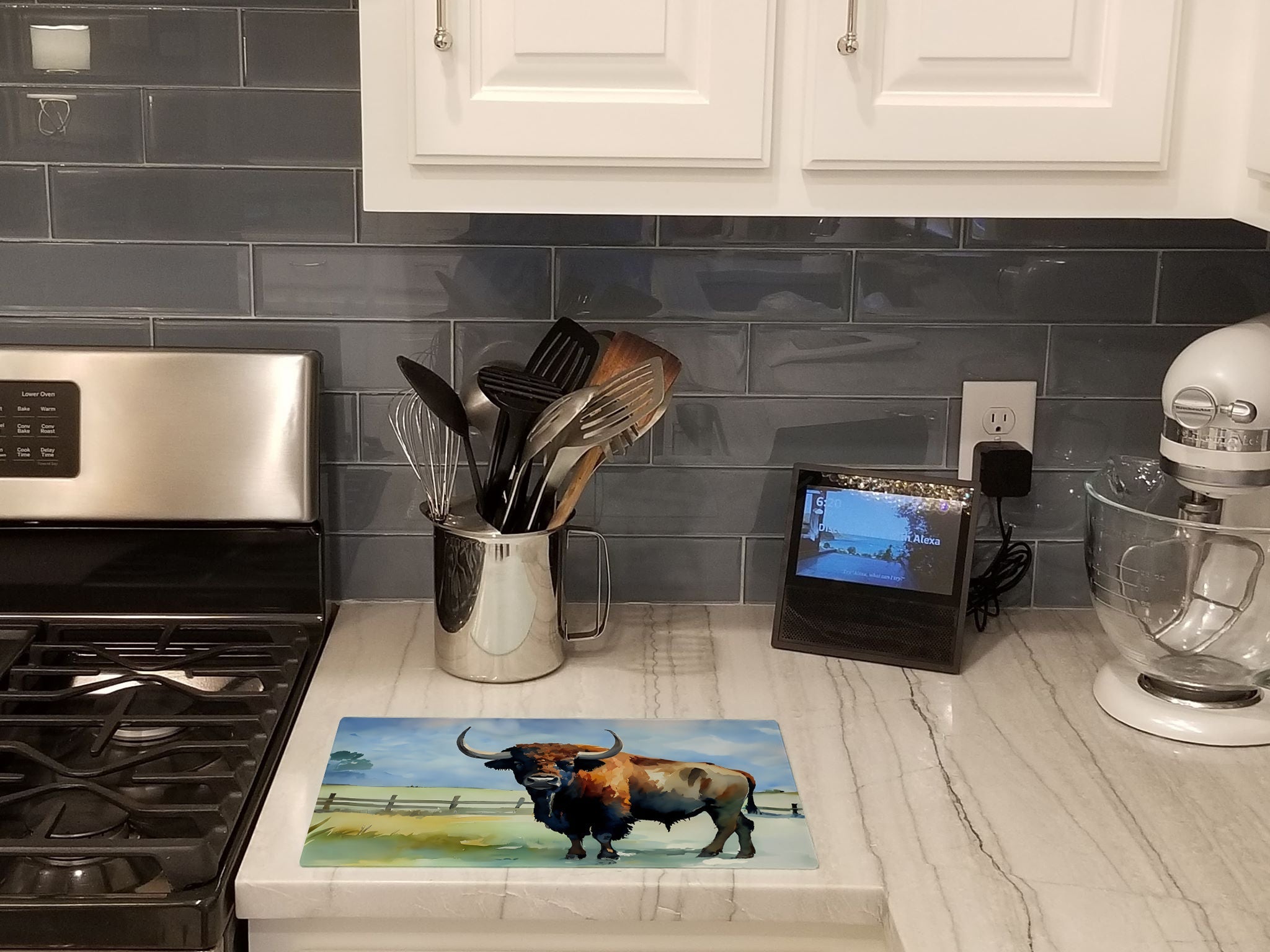 American Bison Cutting Board Tempered Glass Kitchen Cutting Surface, Heat Resistant Chopping, Non-Slip Feet, Food Prep & Serving