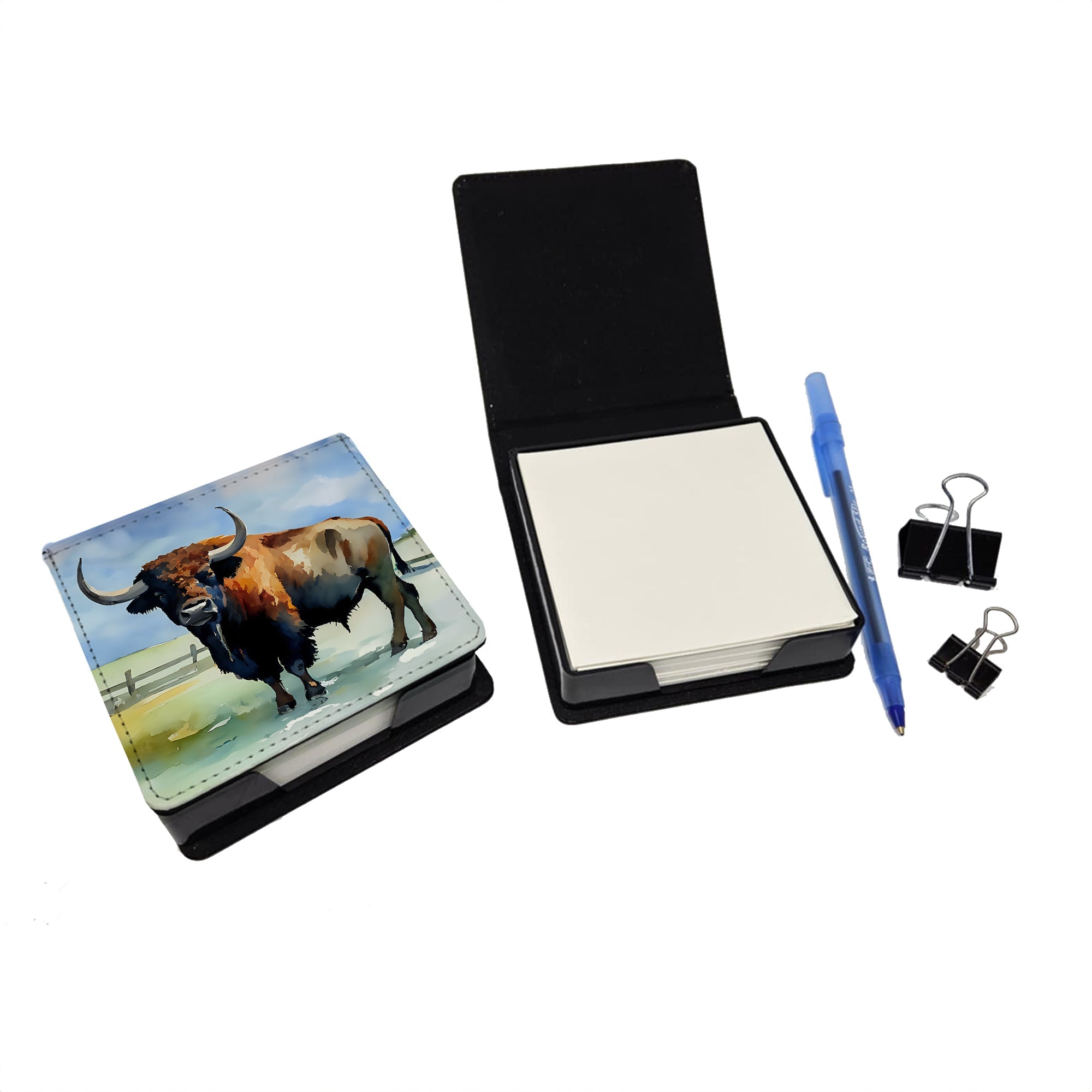 American Bison PU Leather Note Paper Holder with Artist-Designed Cover, Desk Accessory, Office Gift