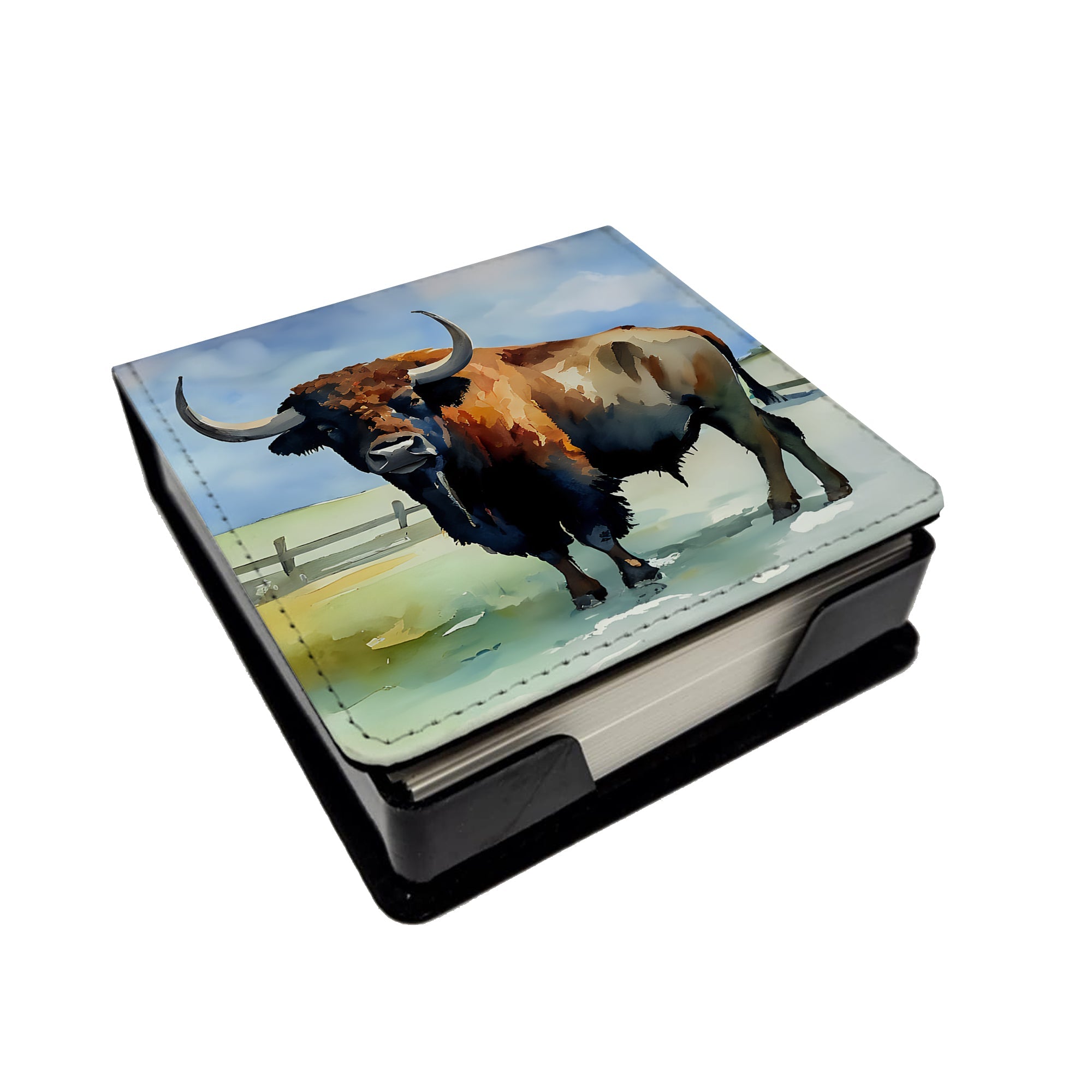 American Bison PU Leather Note Paper Holder with Artist-Designed Cover, Desk Accessory, Office Gift