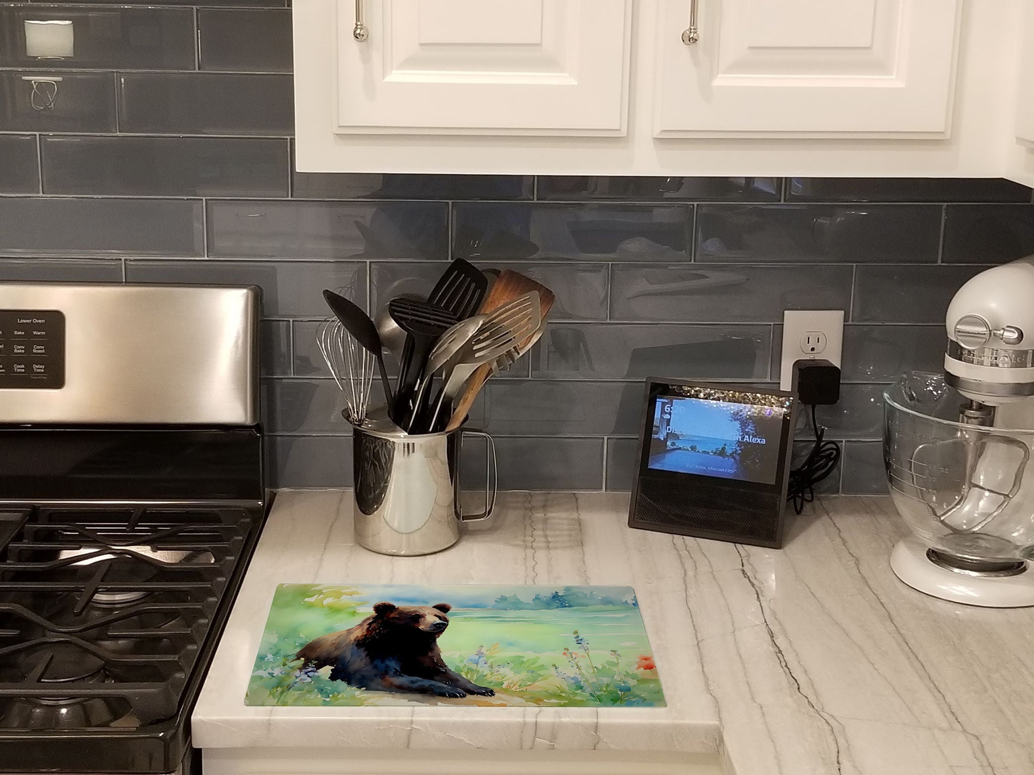 American Black Bear Cutting Board Tempered Glass Kitchen Cutting Surface, Heat Resistant Chopping, Non-Slip Feet, Food Prep & Serving