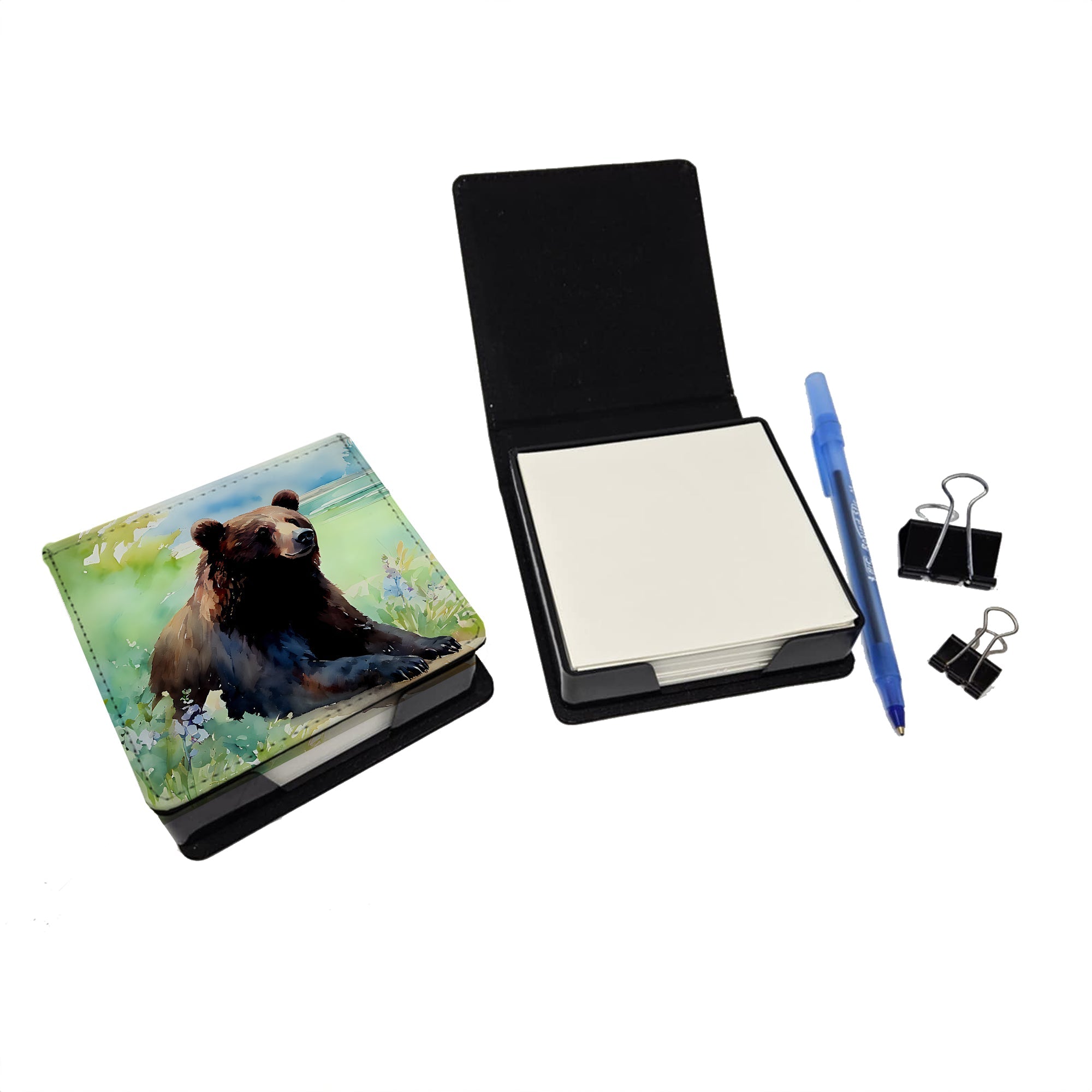 American Black Bear PU Leather Note Paper Holder with Artist-Designed Cover, Desk Accessory, Office Gift