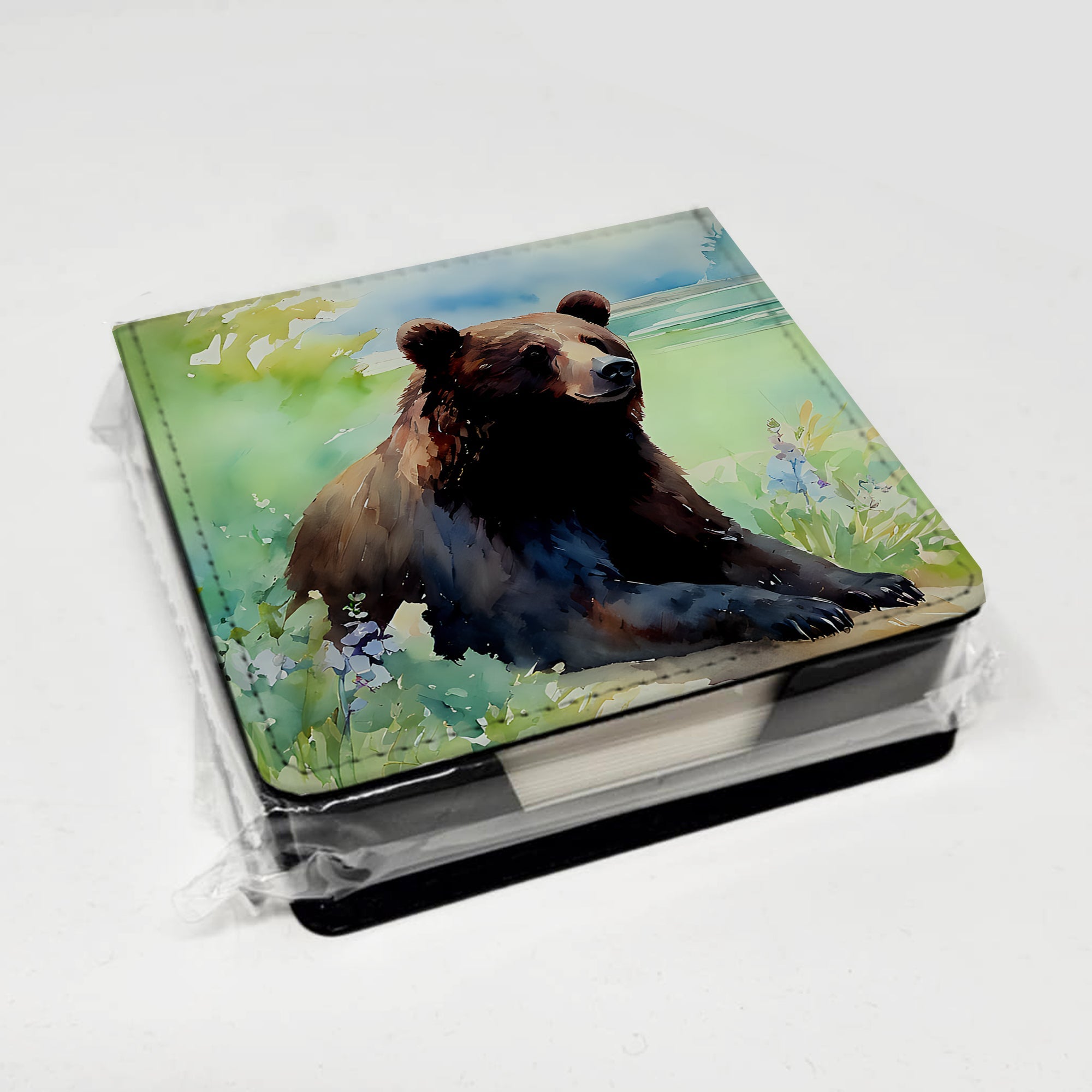 American Black Bear PU Leather Note Paper Holder with Artist-Designed Cover, Desk Accessory, Office Gift