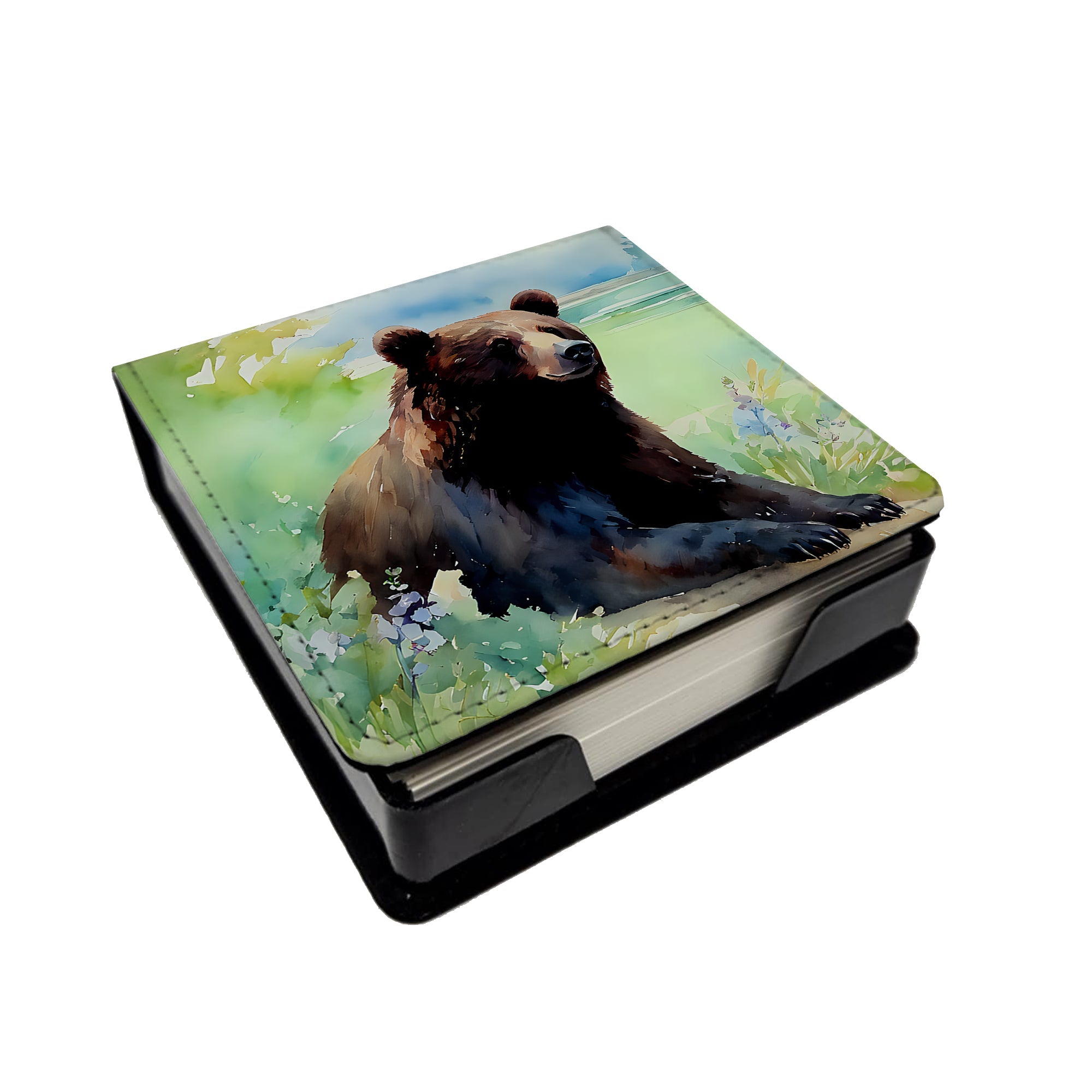 American Black Bear PU Leather Note Paper Holder with Artist-Designed Cover, Desk Accessory, Office Gift