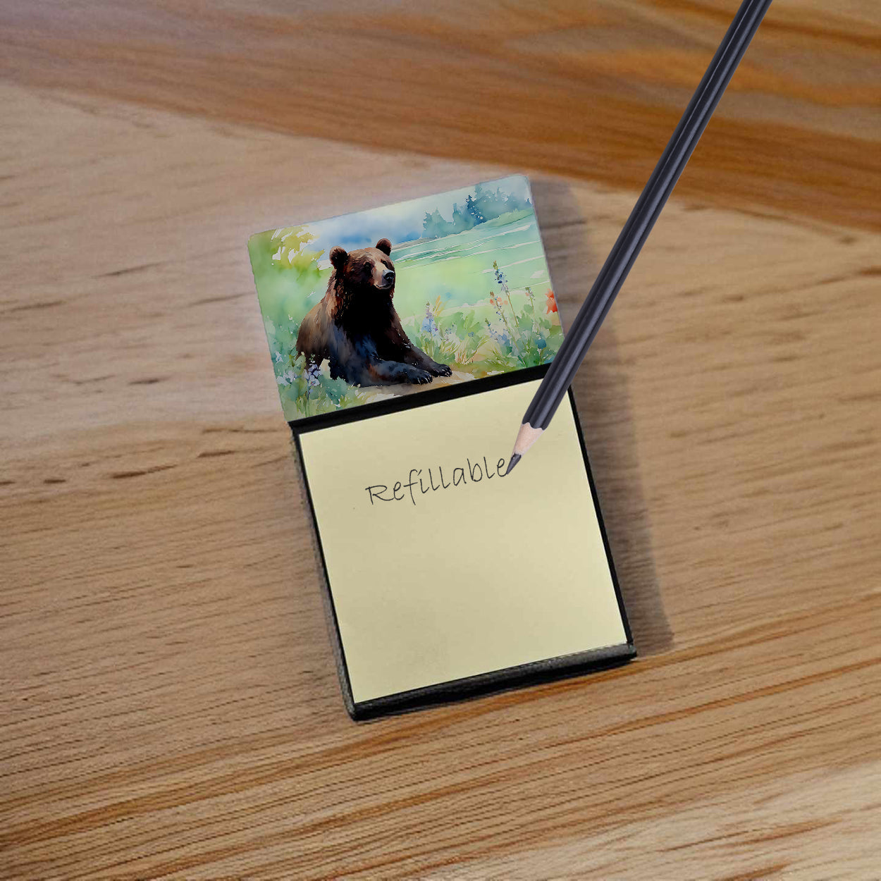 American Black Bear Watercolor Sticky Note Holder Refillable Dispenser Desk Accessory 3x3 Pad Gift