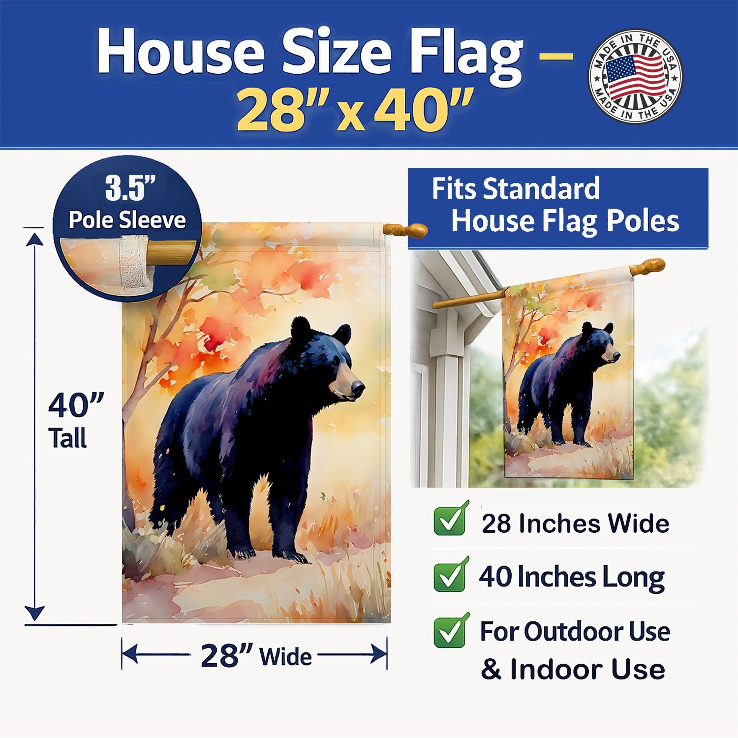 American Black Bear House Flag 28x40 Porch Sleeve Pole Decorative Outside Yard Banner Artwork Wall Hanging, Polyester