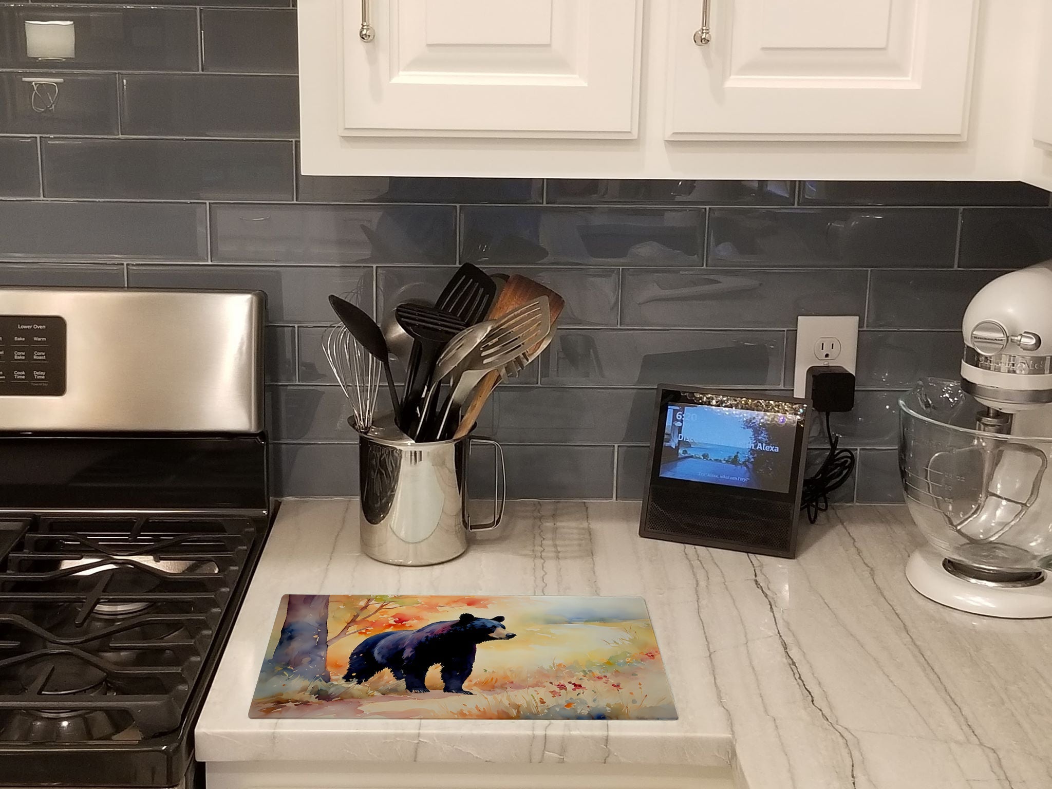 American Black Bear Cutting Board Tempered Glass Kitchen Cutting Surface, Heat Resistant Chopping, Non-Slip Feet, Food Prep & Serving