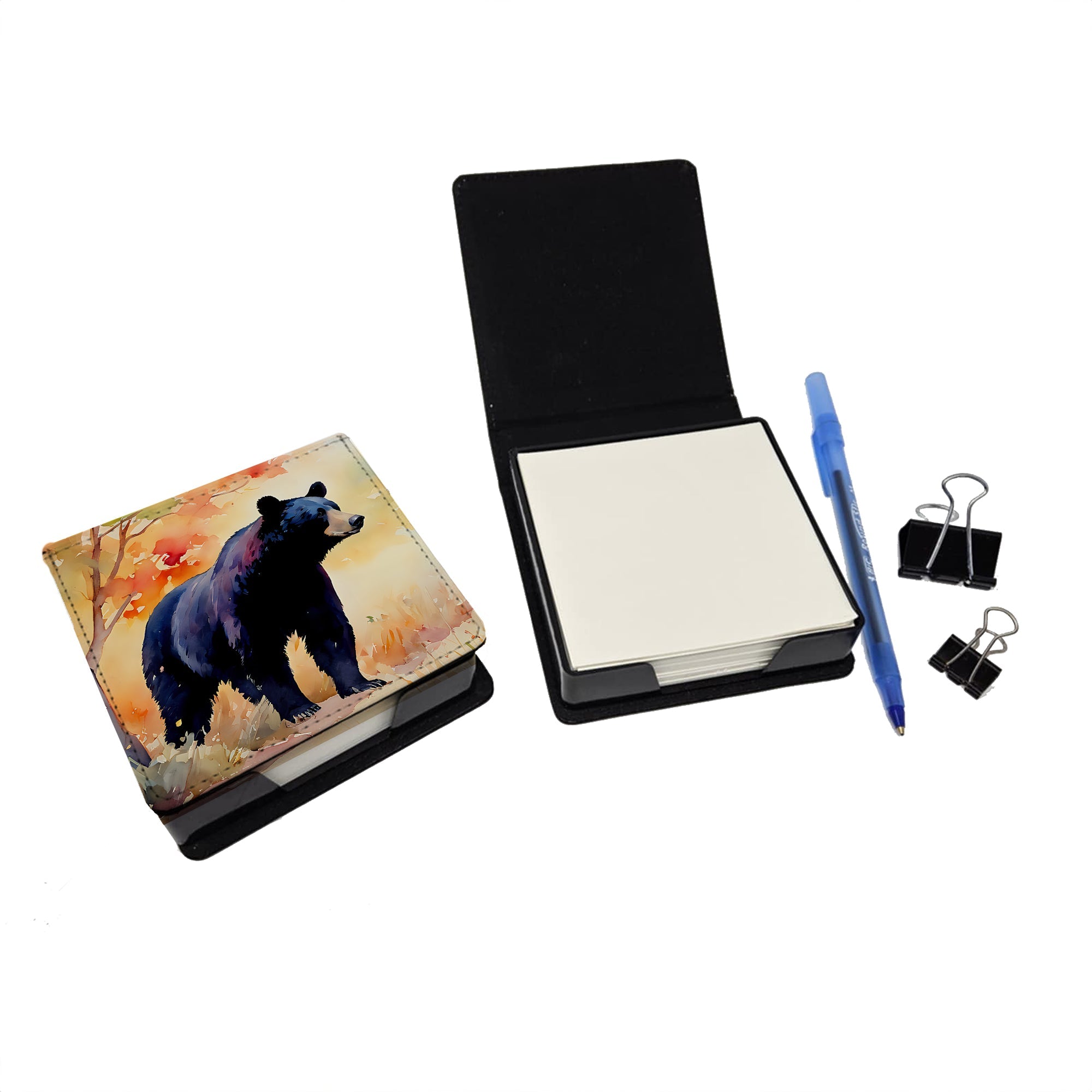 American Black Bear PU Leather Note Paper Holder with Artist-Designed Cover, Desk Accessory, Office Gift