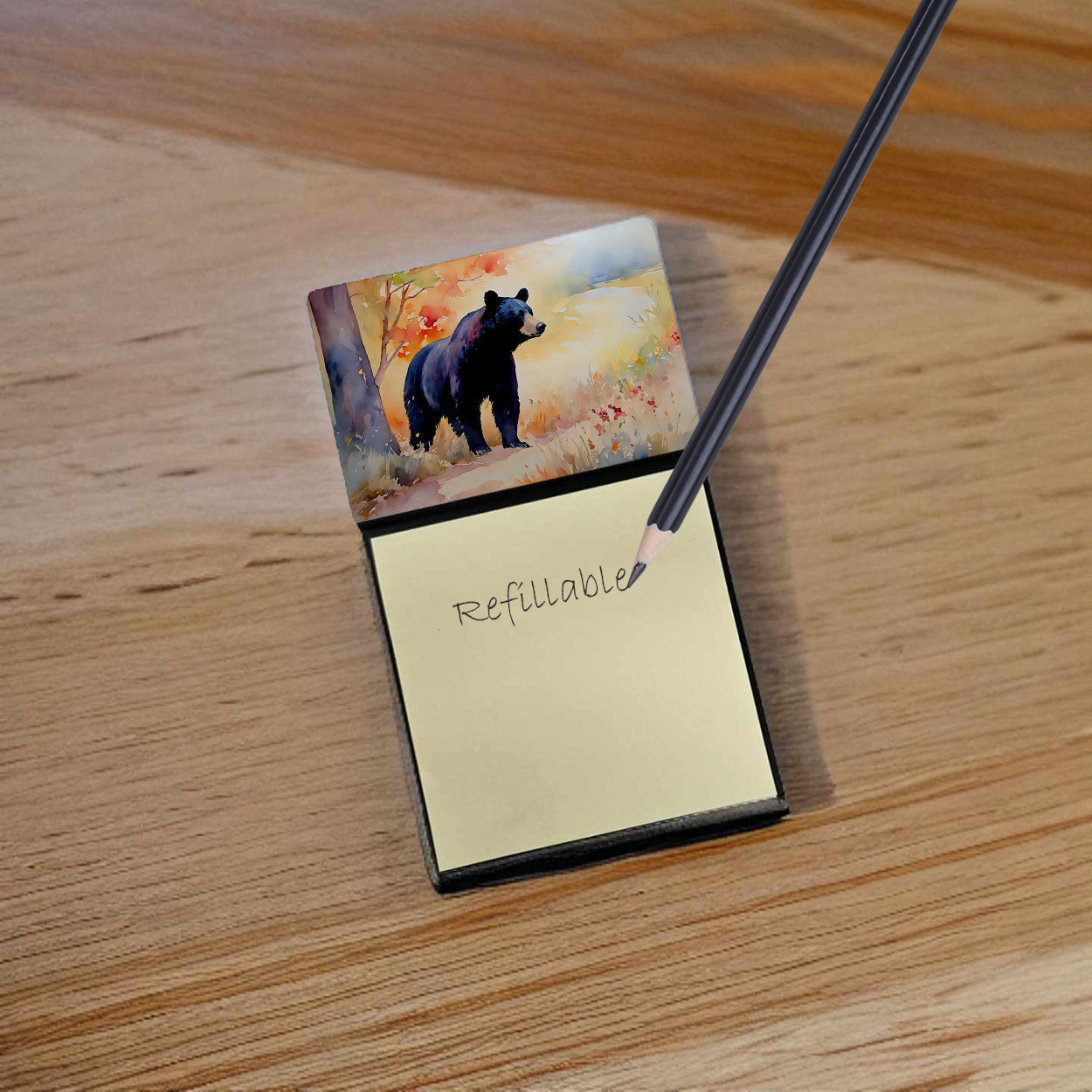 American Black Bear Watercolor Sticky Note Holder Refillable Dispenser Desk Accessory 3x3 Pad Gift