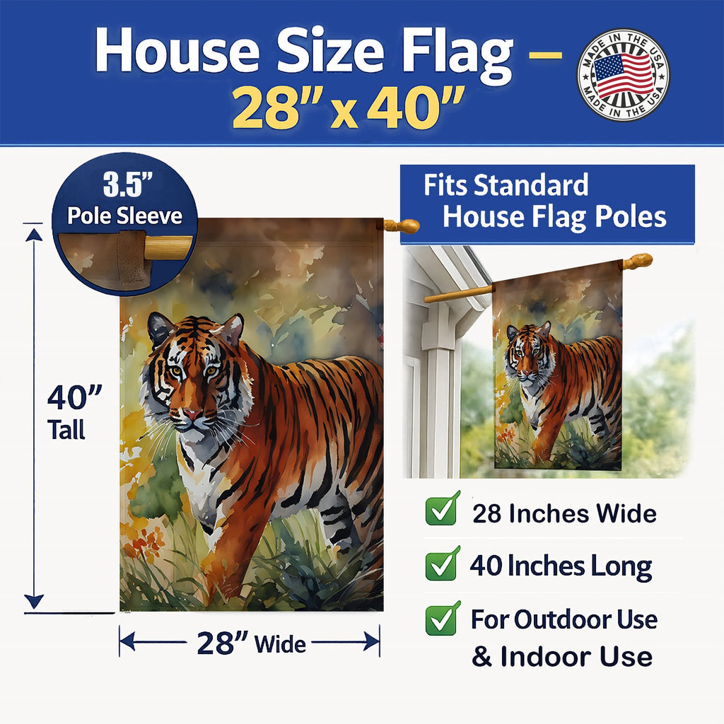 Bengal Tiger House Flag 28x40 Porch Sleeve Pole Decorative Outside Yard Banner Artwork Wall Hanging, Polyester