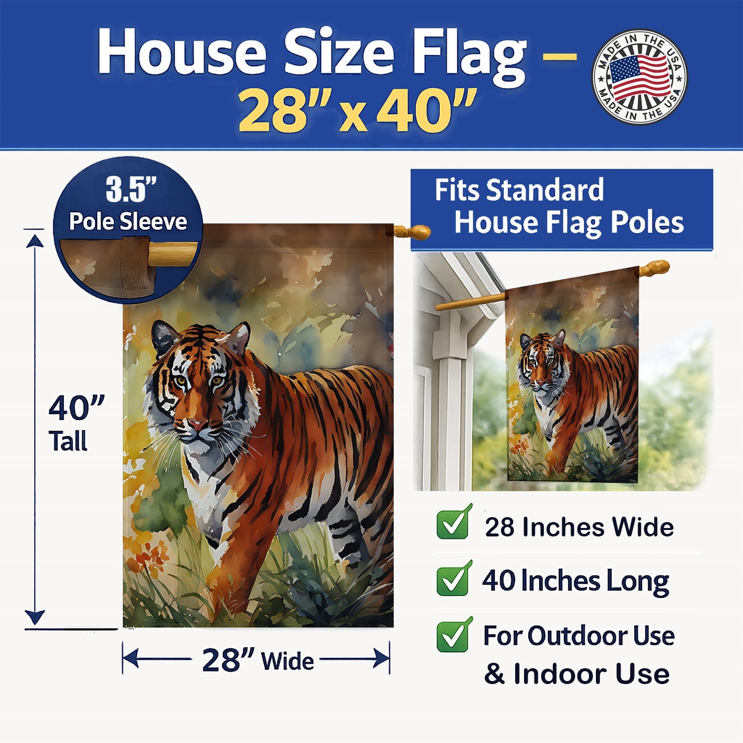 Bengal Tiger House Flag 28x40 Porch Sleeve Pole Decorative Outside Yard Banner Artwork Wall Hanging, Polyester