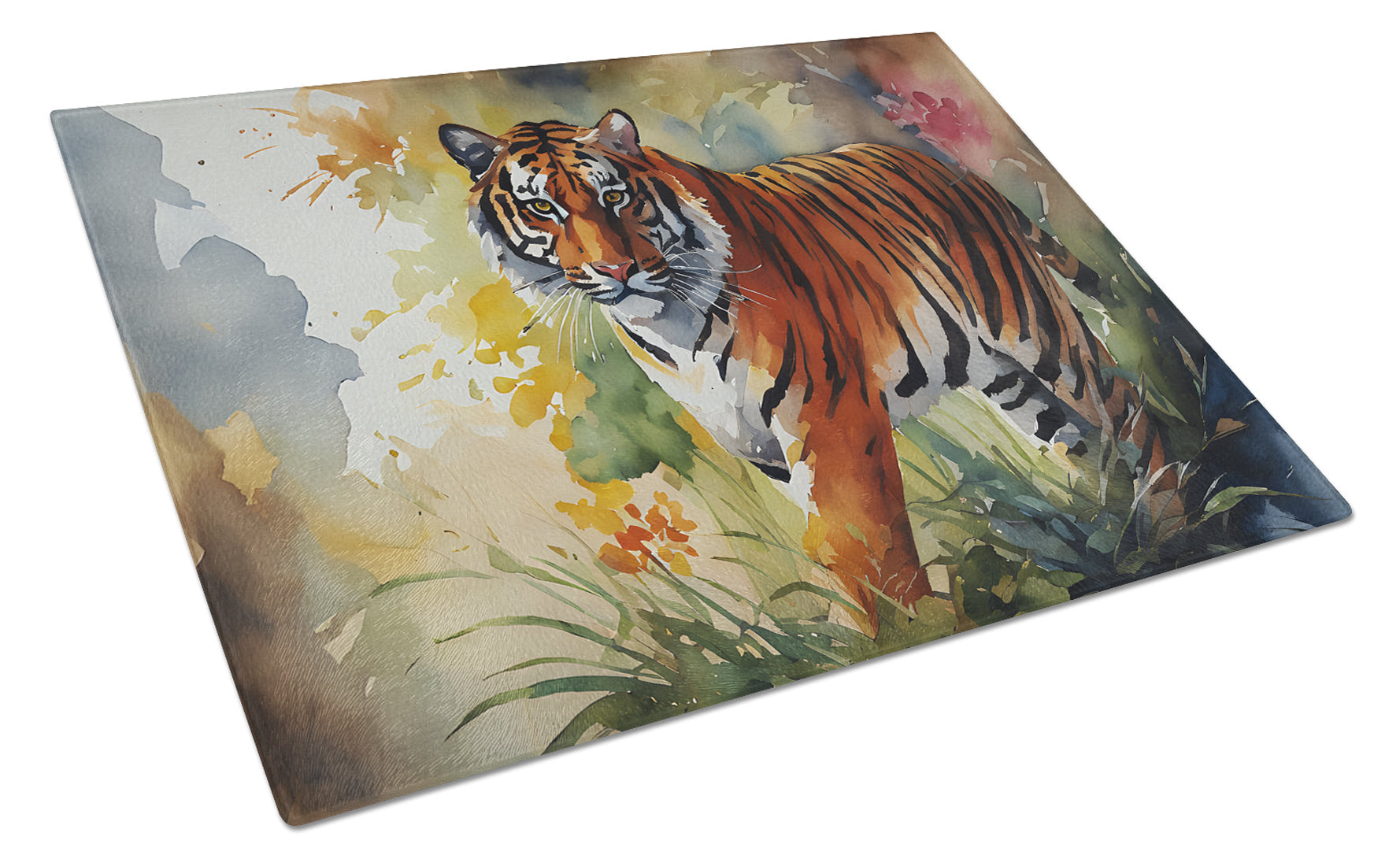Bengal Tiger Cutting Board Tempered Glass Kitchen Cutting Surface, Heat Resistant Chopping, Non-Slip Feet, Food Prep & Serving