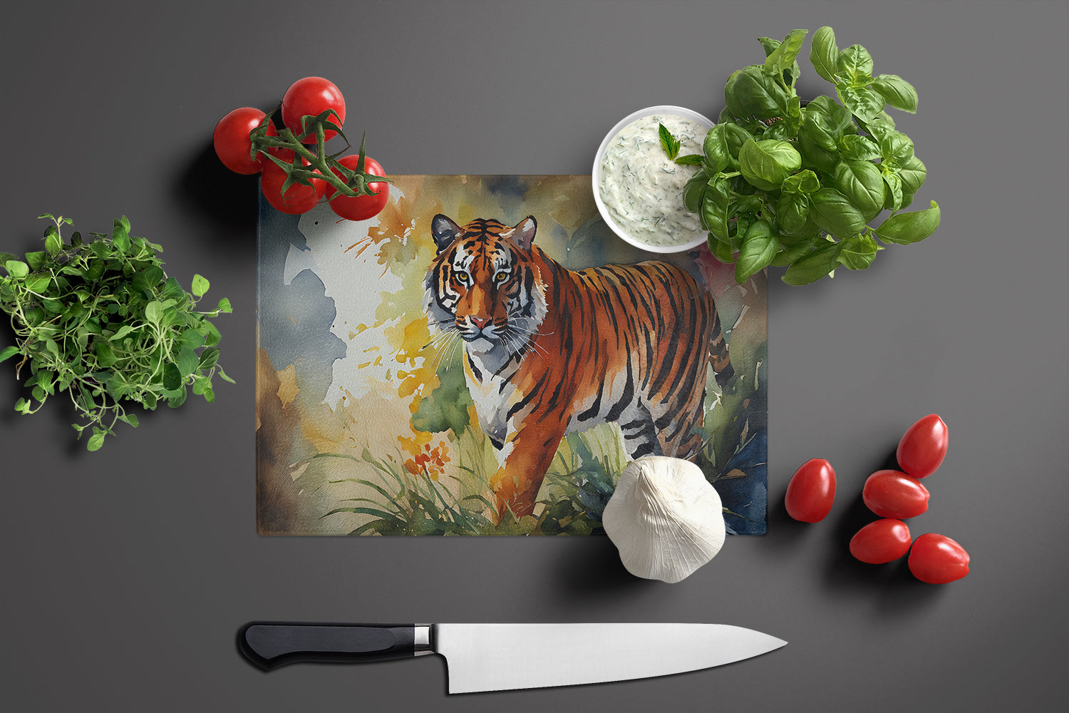 Bengal Tiger Cutting Board Tempered Glass Kitchen Cutting Surface, Heat Resistant Chopping, Non-Slip Feet, Food Prep & Serving