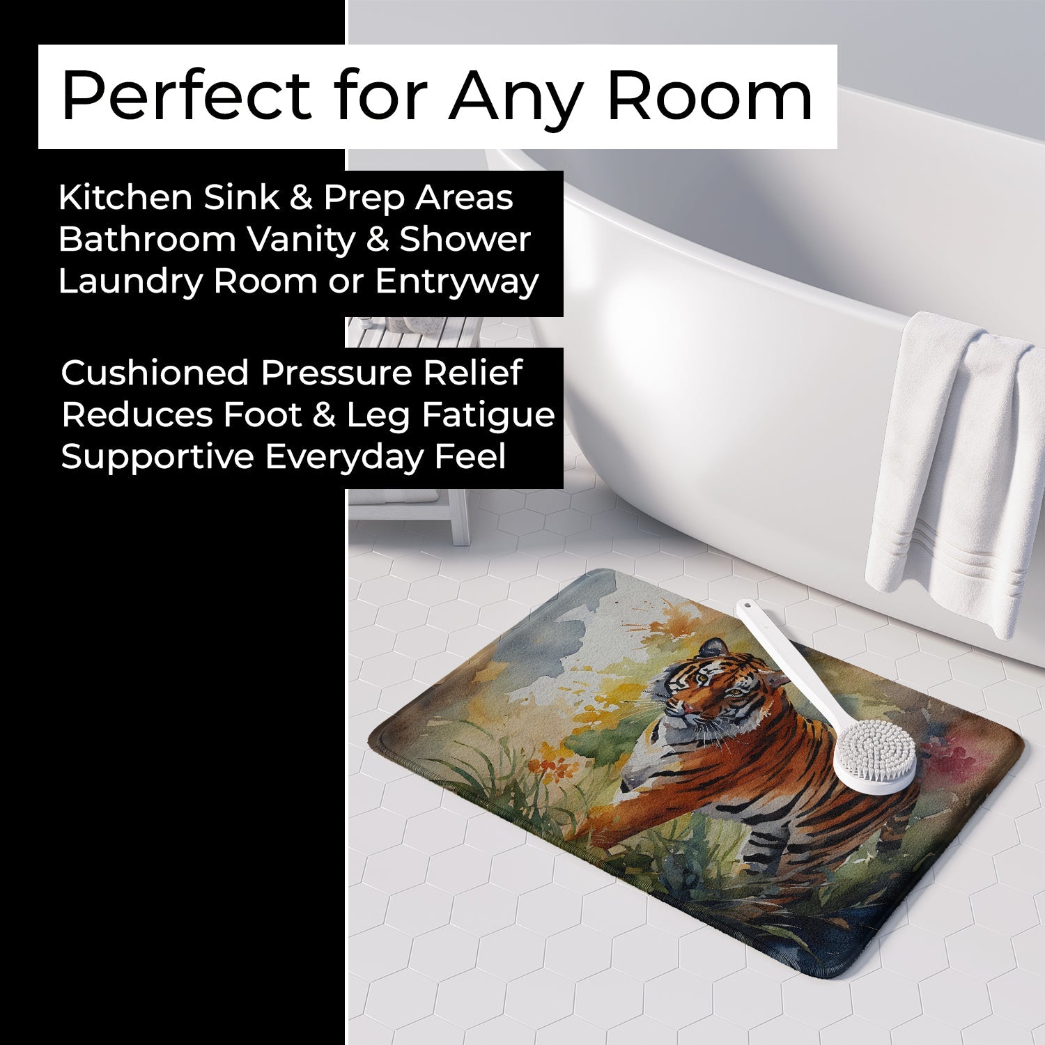 Bengal Tiger Memory Foam Kitchen Mat Machine Washable Anti-Fatigue Cushion Comfort Bath or Kitchen Rug