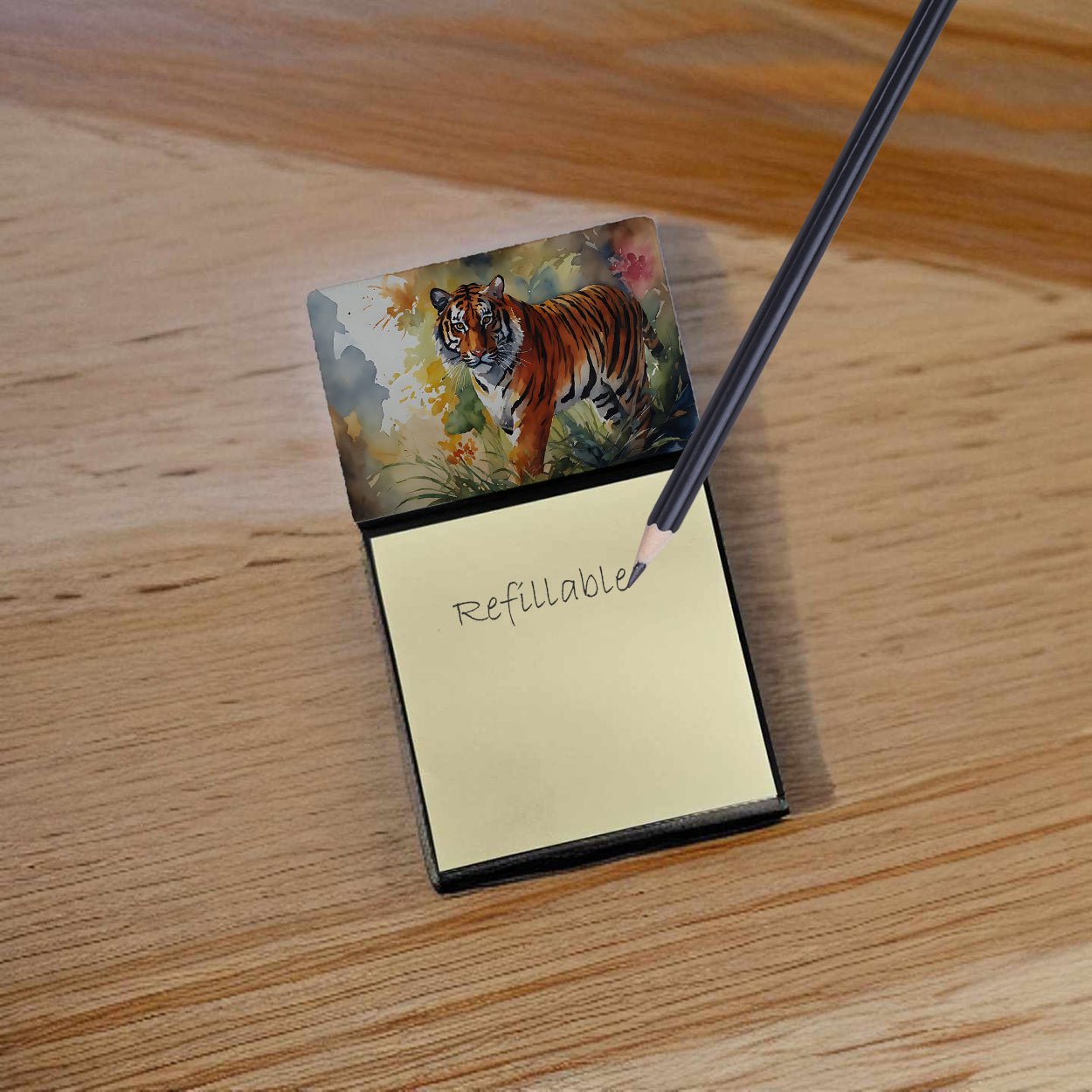 Bengal Tiger Watercolor Sticky Note Holder Refillable Dispenser Desk Accessory 3x3 Pad Gift