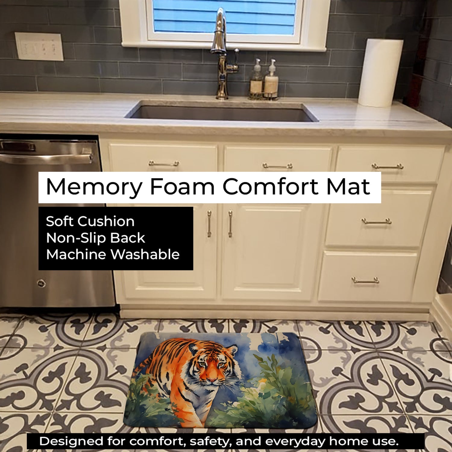 Bengal Tiger Memory Foam Kitchen Mat Machine Washable Anti-Fatigue Cushion Comfort Bath or Kitchen Rug