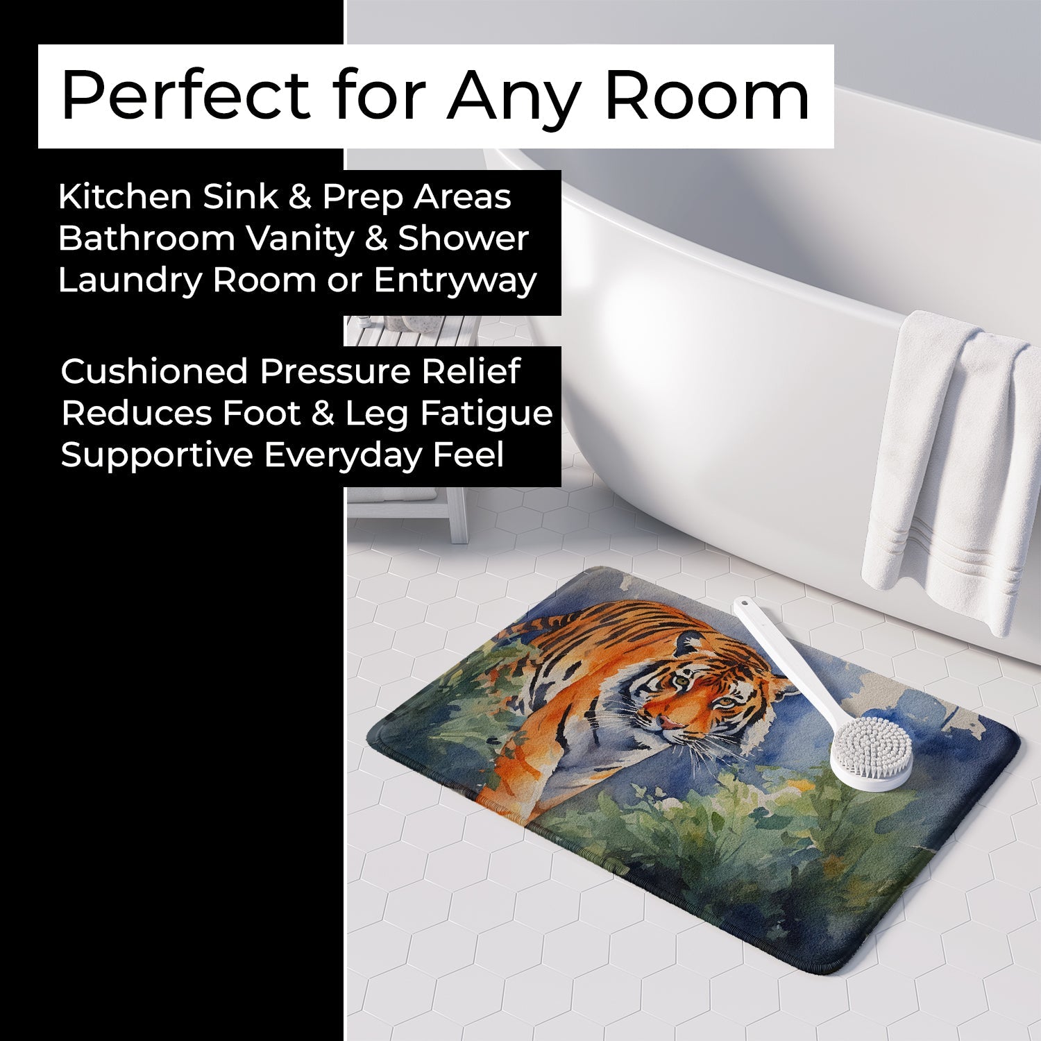 Bengal Tiger Memory Foam Kitchen Mat Machine Washable Anti-Fatigue Cushion Comfort Bath or Kitchen Rug