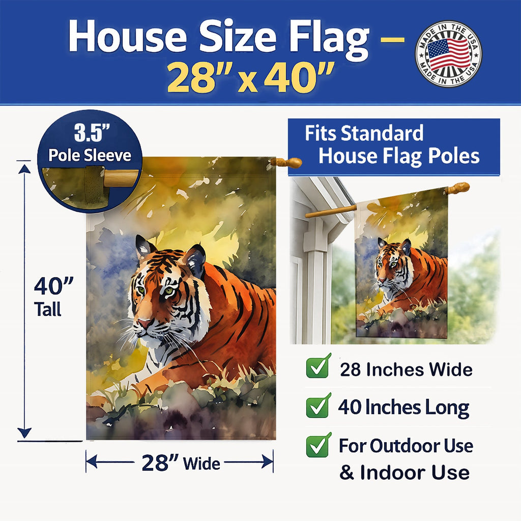 Bengal Tiger House Flag 28x40 Porch Sleeve Pole Decorative Outside Yard Banner Artwork Wall Hanging, Polyester