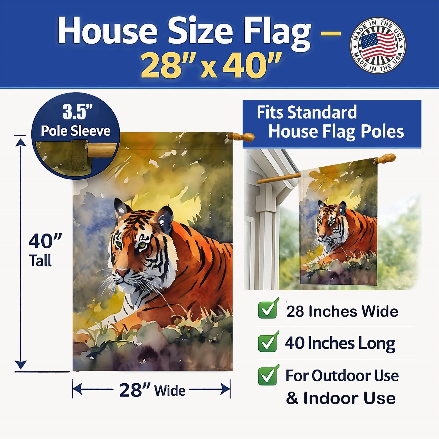 Bengal Tiger House Flag 28x40 Porch Sleeve Pole Decorative Outside Yard Banner Artwork Wall Hanging, Polyester