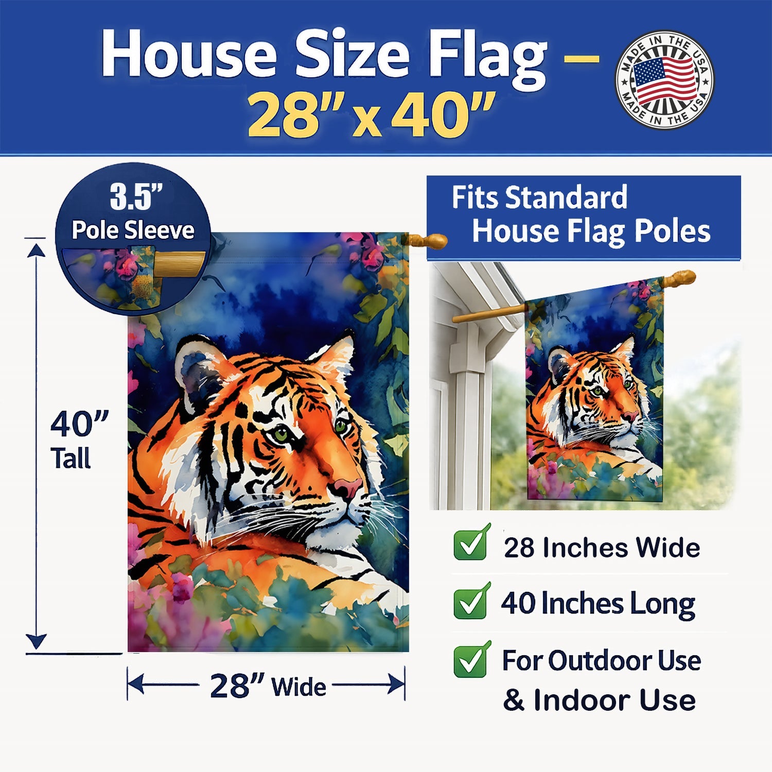 Bengal Tiger House Flag 28x40 Porch Sleeve Pole Decorative Outside Yard Banner Artwork Wall Hanging, Polyester