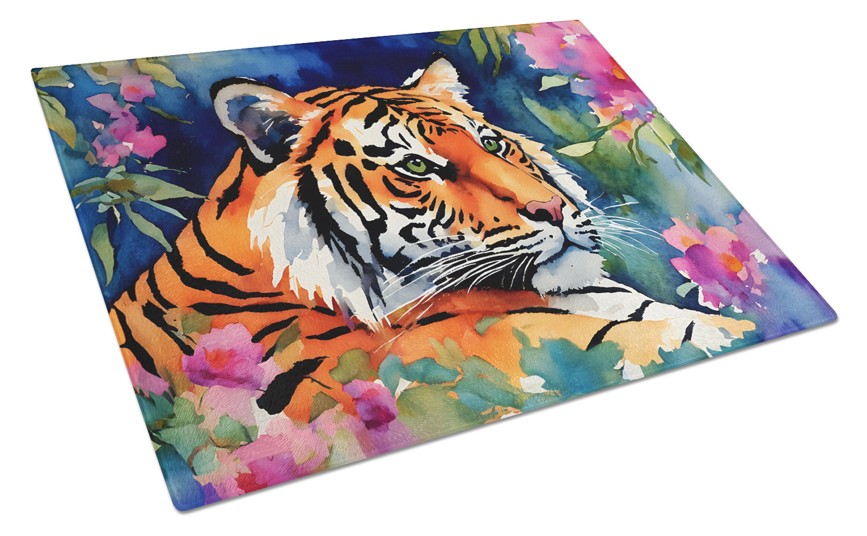 Bengal Tiger Cutting Board Tempered Glass Kitchen Cutting Surface, Heat Resistant Chopping, Non-Slip Feet, Food Prep & Serving