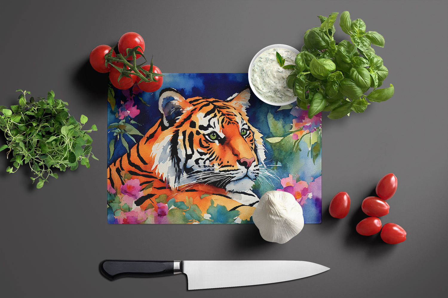 Bengal Tiger Cutting Board Tempered Glass Kitchen Cutting Surface, Heat Resistant Chopping, Non-Slip Feet, Food Prep & Serving