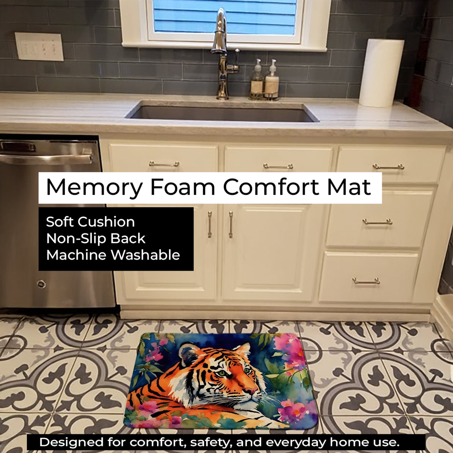 Bengal Tiger Memory Foam Kitchen Mat Machine Washable Anti-Fatigue Cushion Comfort Bath or Kitchen Rug