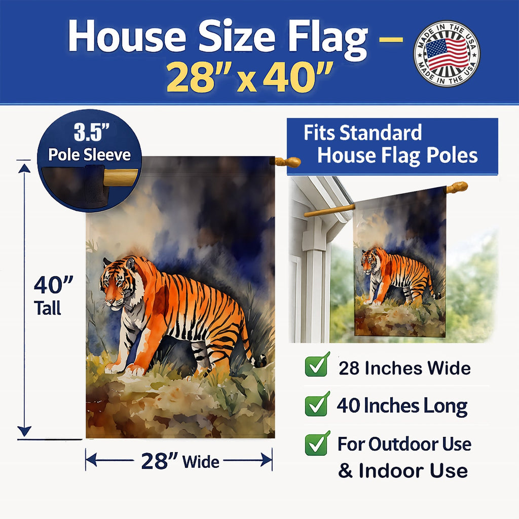 Bengal Tiger House Flag 28x40 Porch Sleeve Pole Decorative Outside Yard Banner Artwork Wall Hanging, Polyester