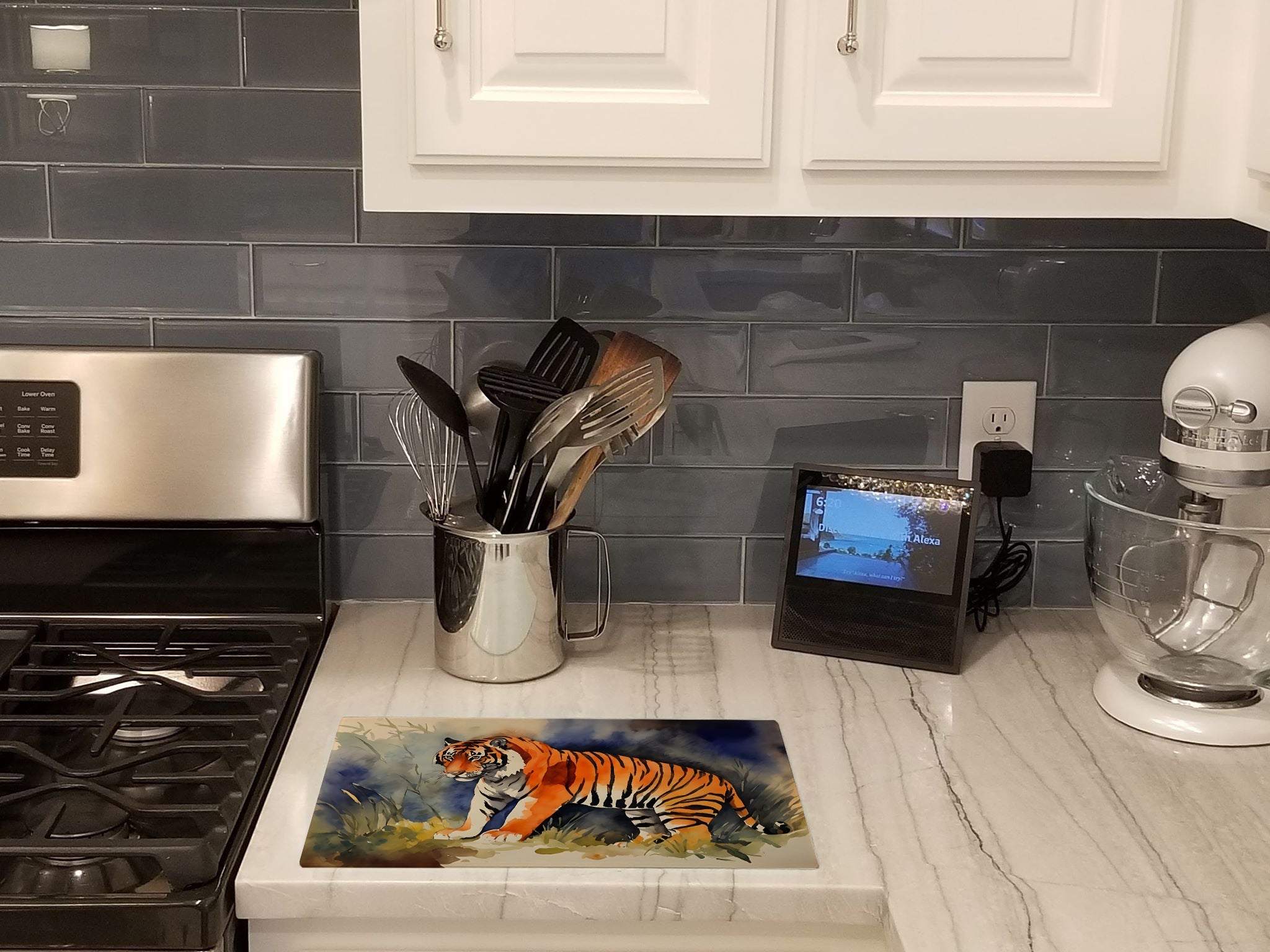Bengal Tiger Cutting Board Tempered Glass Kitchen Cutting Surface, Heat Resistant Chopping, Non-Slip Feet, Food Prep & Serving