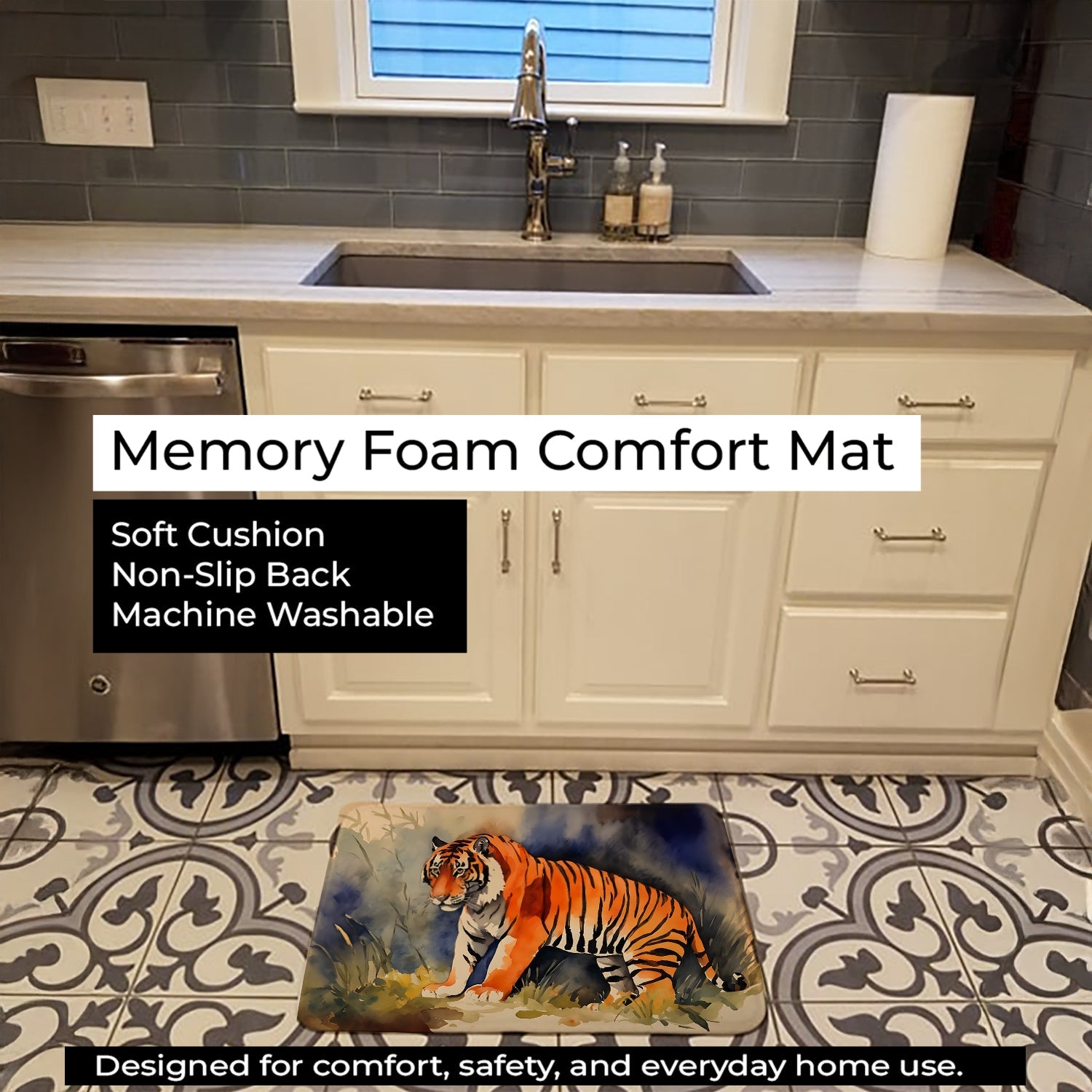 Bengal Tiger Memory Foam Kitchen Mat Machine Washable Anti-Fatigue Cushion Comfort Bath or Kitchen Rug