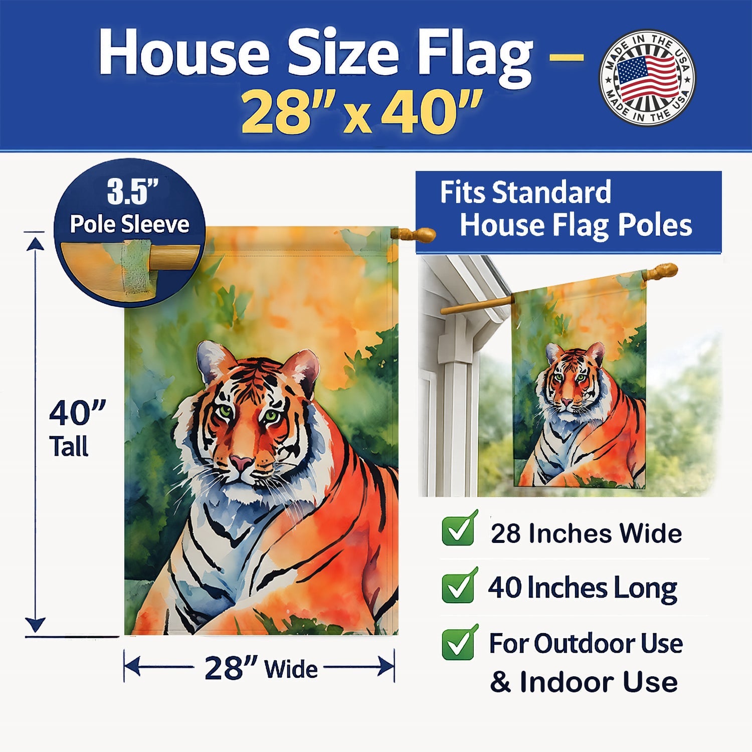 Bengal Tiger House Flag 28x40 Porch Sleeve Pole Decorative Outside Yard Banner Artwork Wall Hanging, Polyester