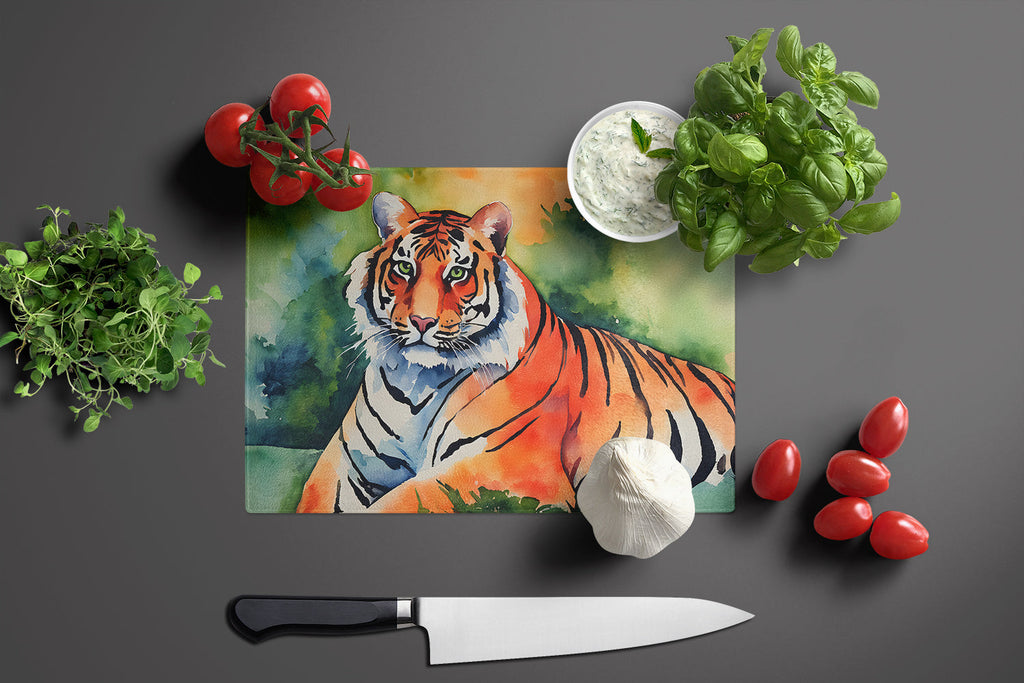 Bengal Tiger Cutting Board Tempered Glass Kitchen Cutting Surface, Heat Resistant Chopping, Non-Slip Feet, Food Prep & Serving