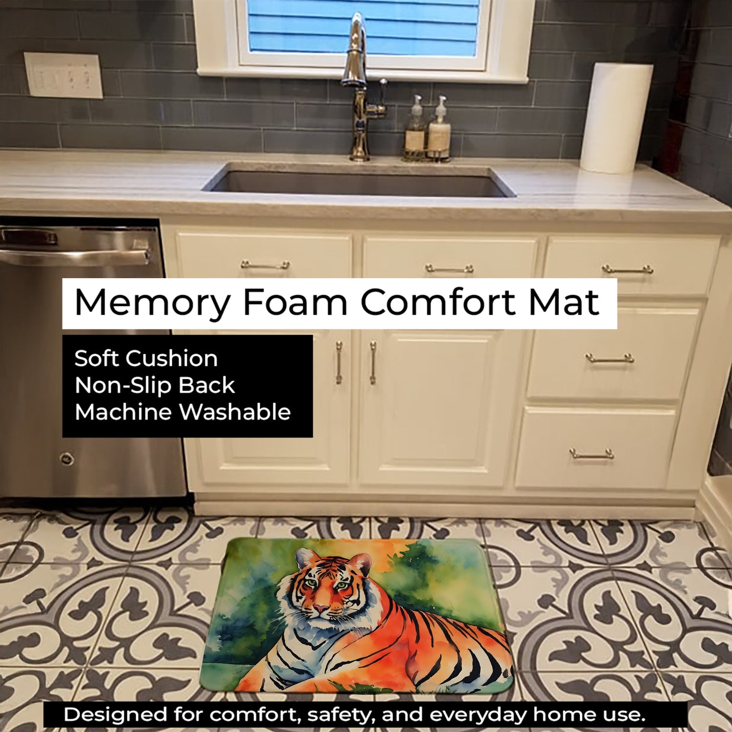 Bengal Tiger Memory Foam Kitchen Mat Machine Washable Anti-Fatigue Cushion Comfort Bath or Kitchen Rug