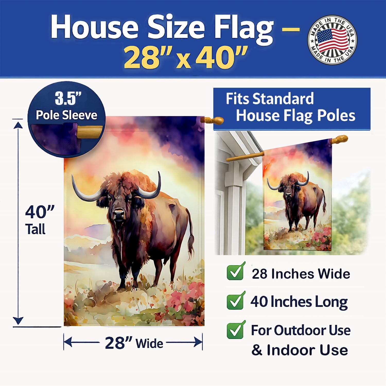 Buffalo House Flag 28x40 Porch Sleeve Pole Decorative Outside Yard Banner Artwork Wall Hanging, Polyester