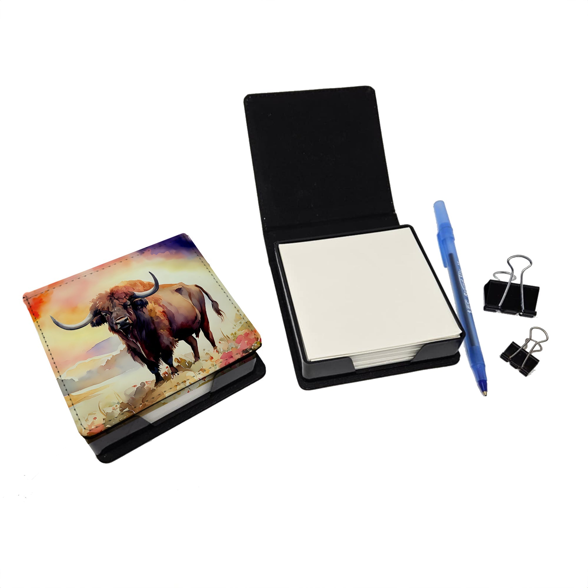 Buffalo PU Leather Note Paper Holder with Artist-Designed Cover, Desk Accessory, Office Gift