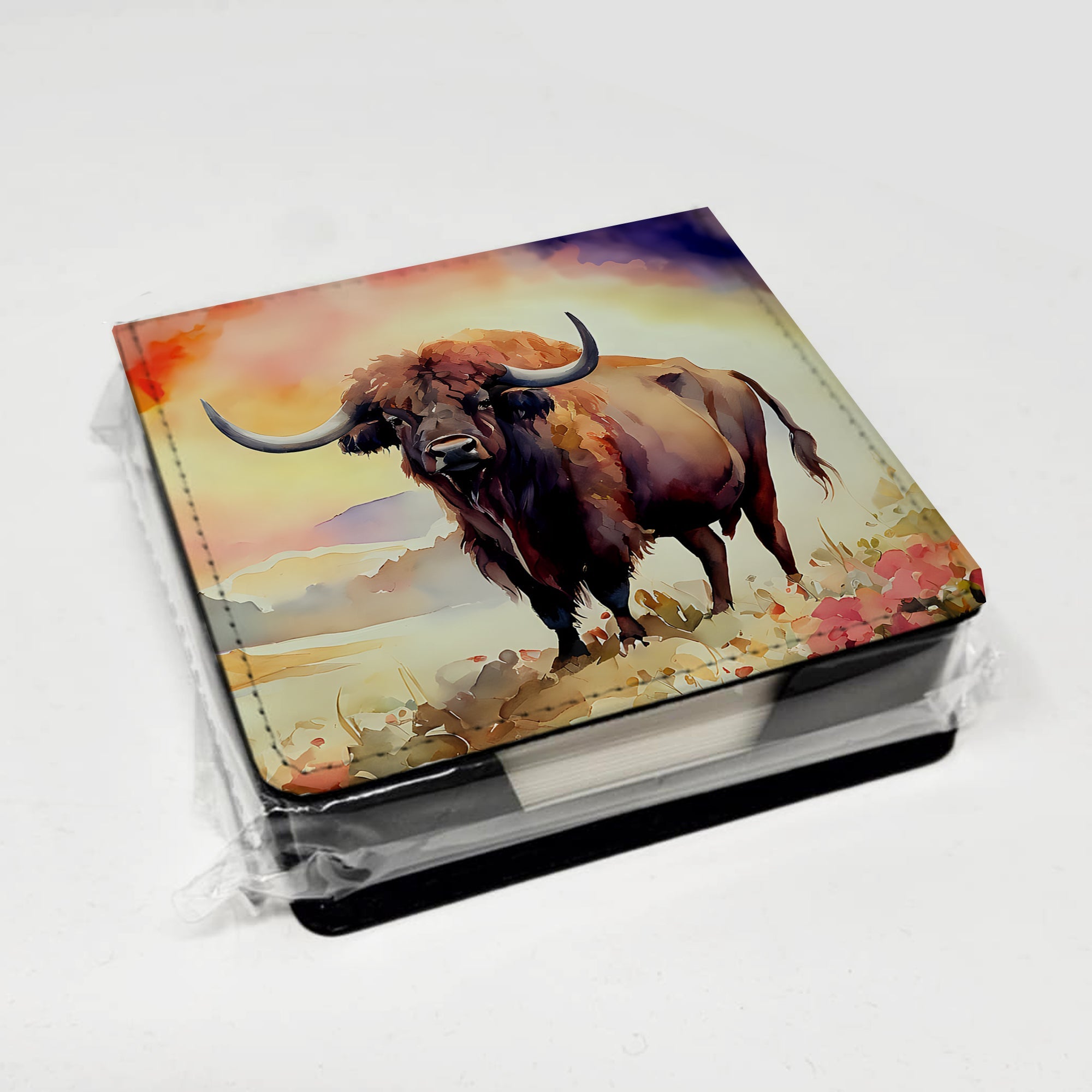 Buffalo PU Leather Note Paper Holder with Artist-Designed Cover, Desk Accessory, Office Gift