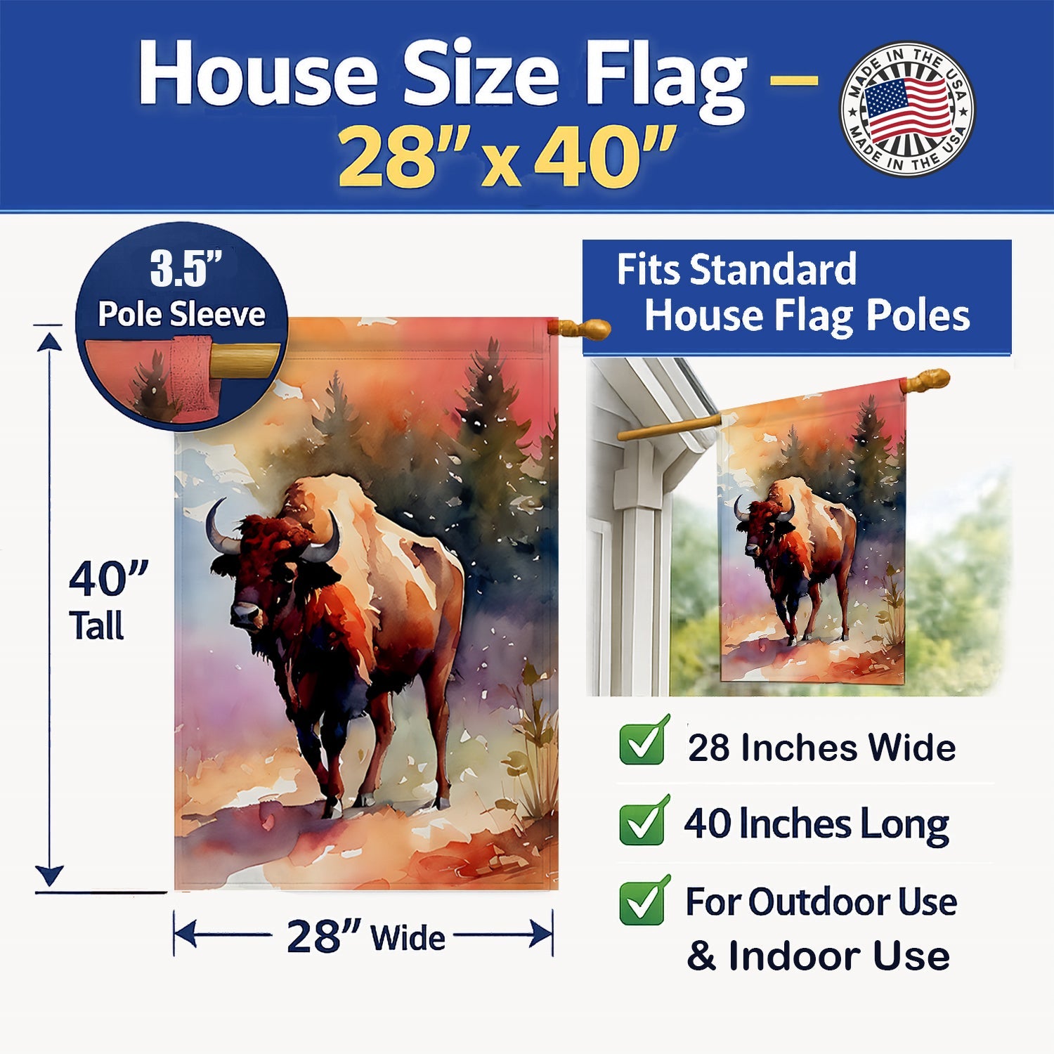 Buffalo House Flag 28x40 Porch Sleeve Pole Decorative Outside Yard Banner Artwork Wall Hanging, Polyester