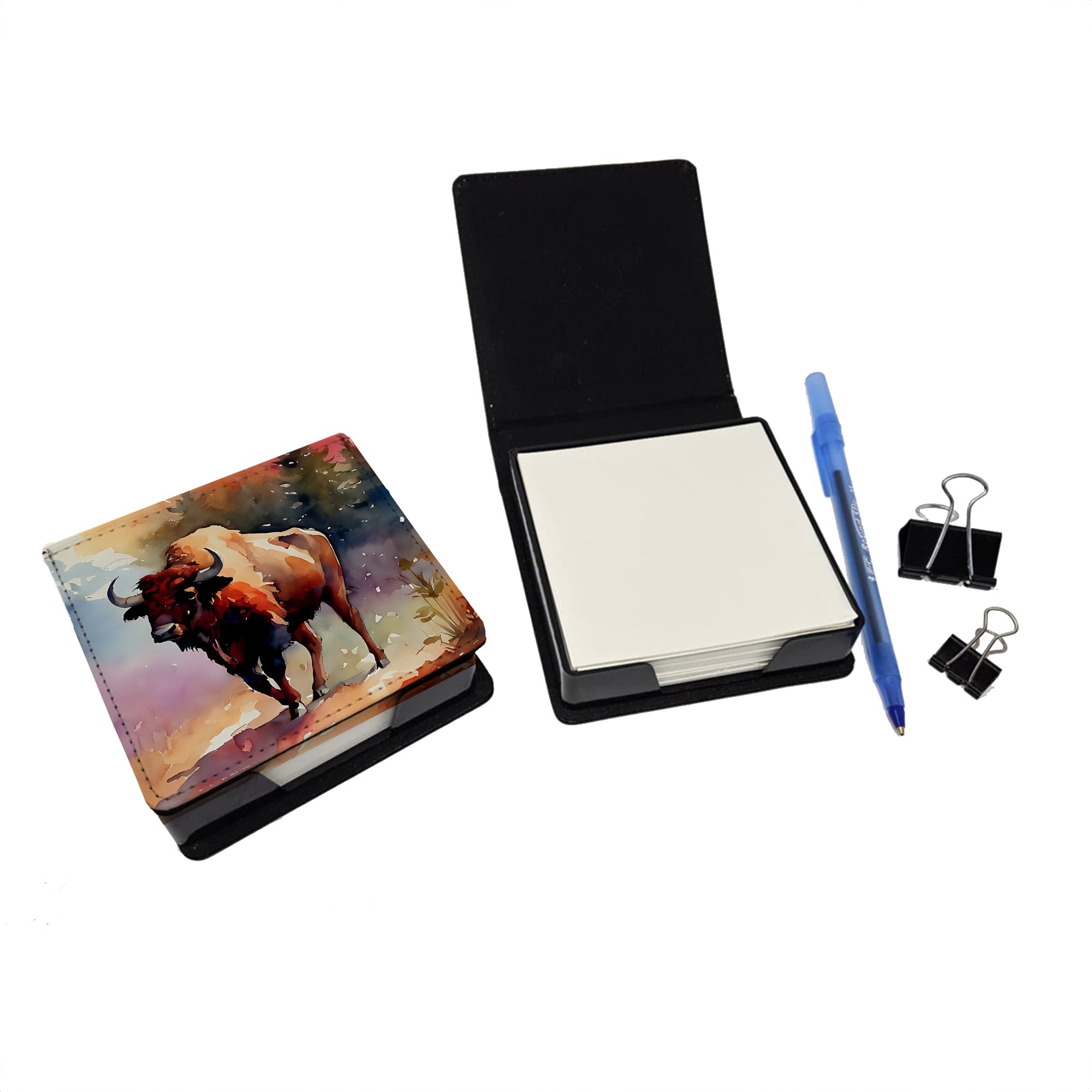 Buffalo PU Leather Note Paper Holder with Artist-Designed Cover, Desk Accessory, Office Gift