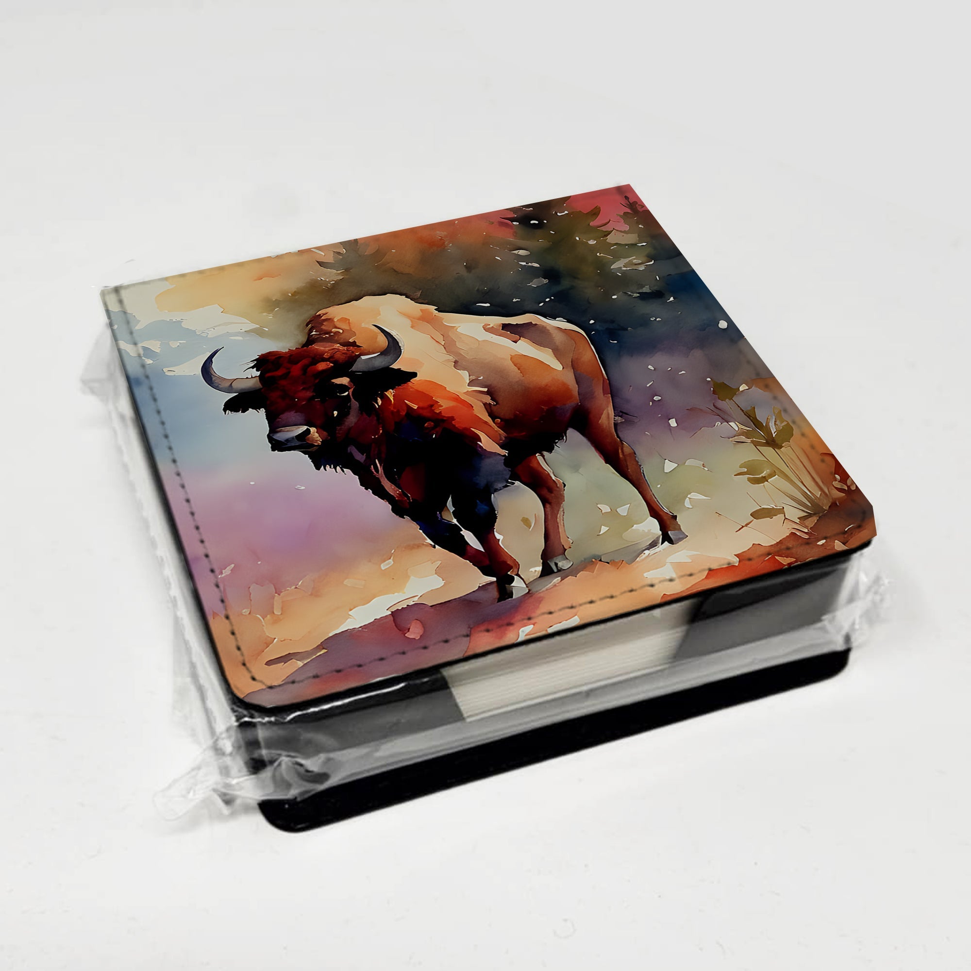 Buffalo PU Leather Note Paper Holder with Artist-Designed Cover, Desk Accessory, Office Gift