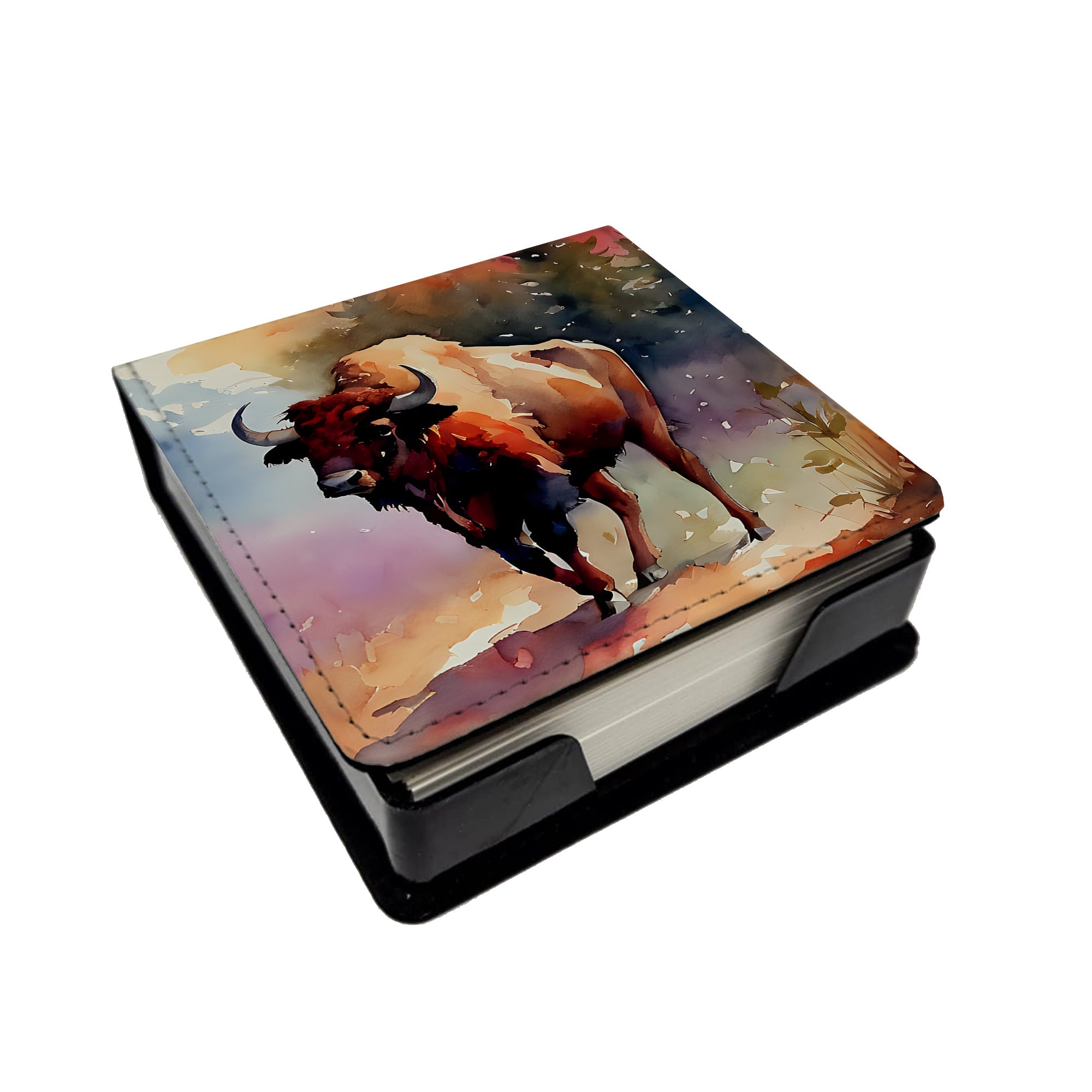 Buffalo PU Leather Note Paper Holder with Artist-Designed Cover, Desk Accessory, Office Gift