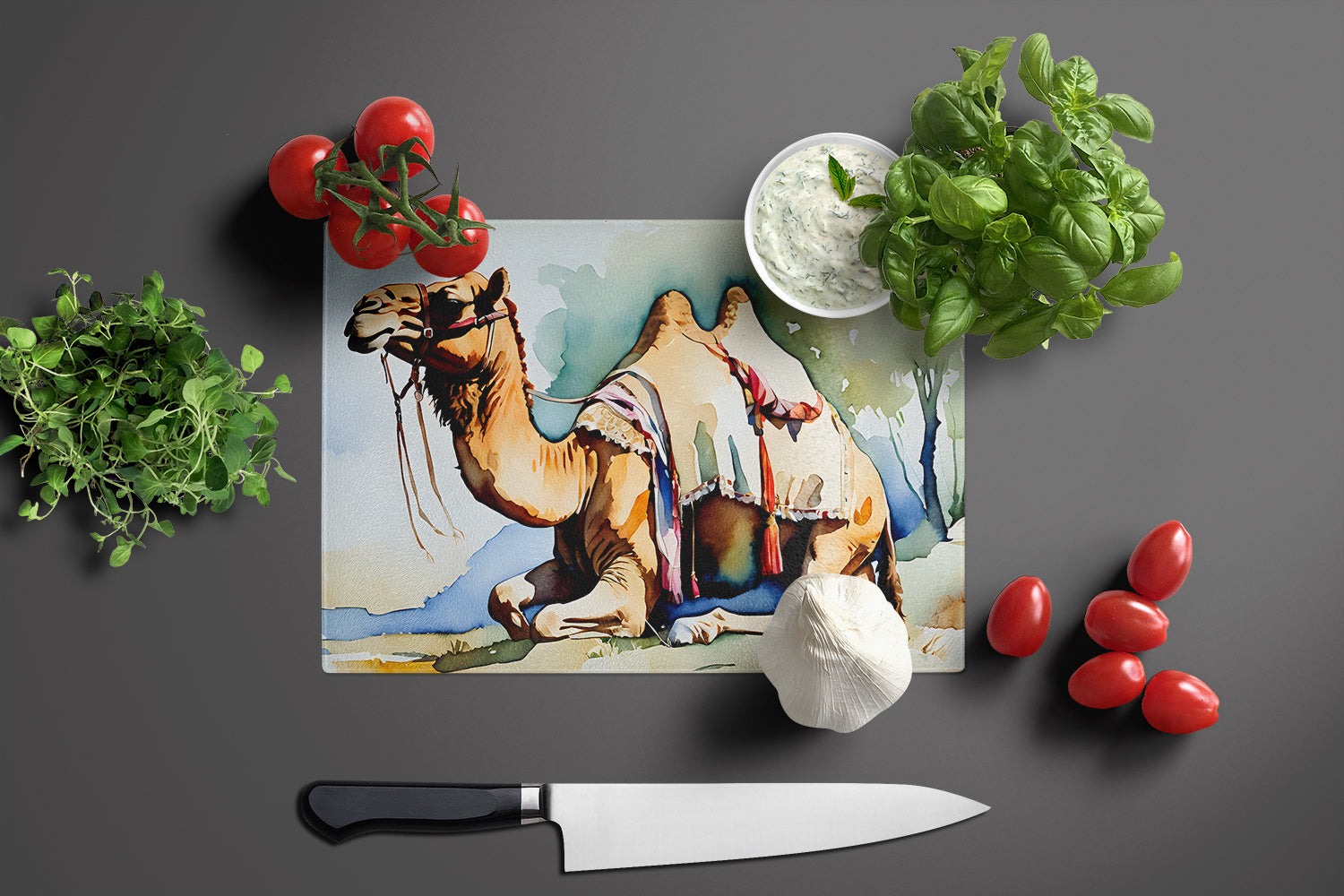 Camel Cutting Board Tempered Glass Kitchen Cutting Surface, Heat Resistant Chopping, Non-Slip Feet, Food Prep & Serving